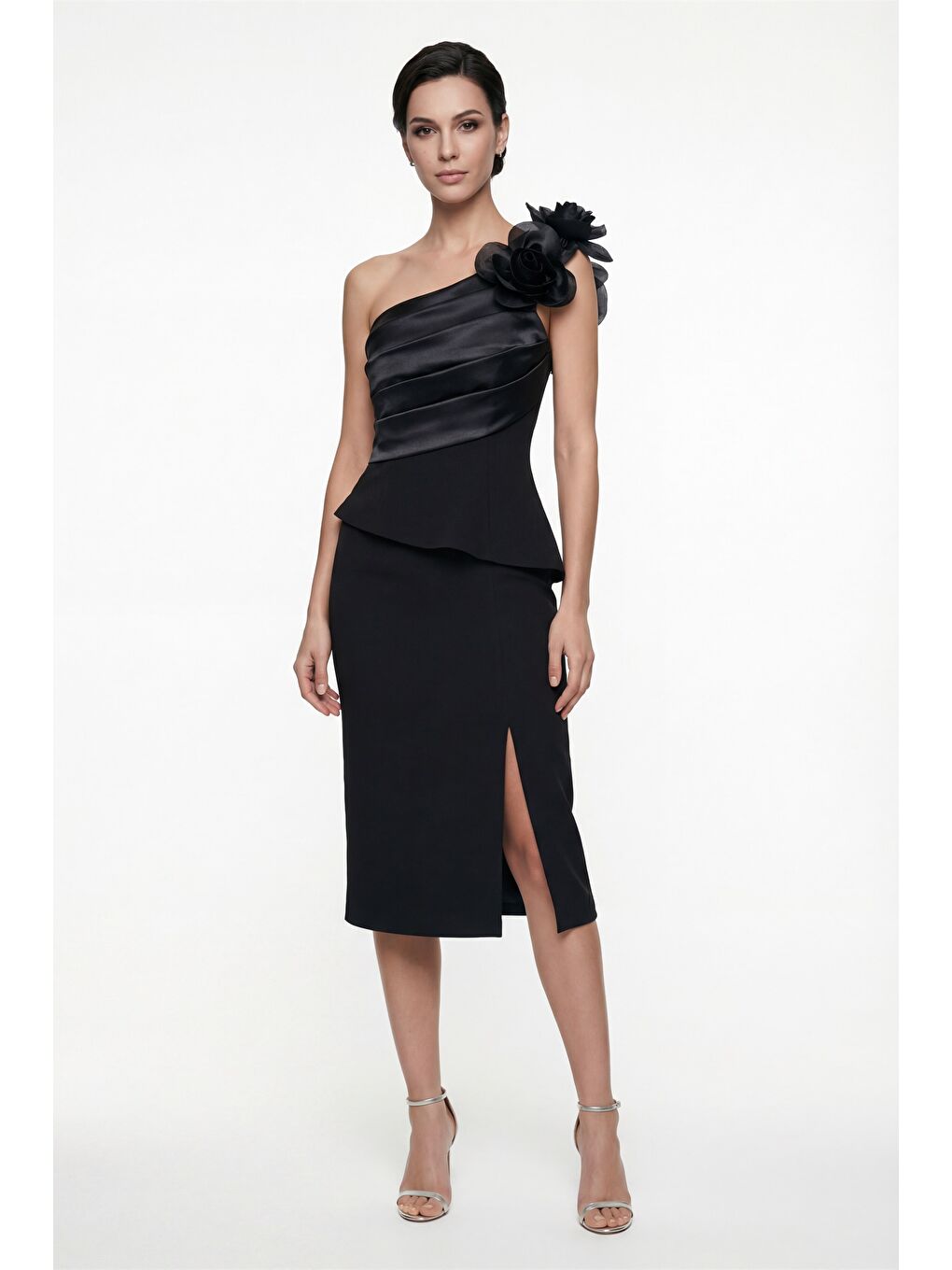 Kadın Siyah Çiçek Detaylı Midi Söz Nişan Nikah Abiye Elbise