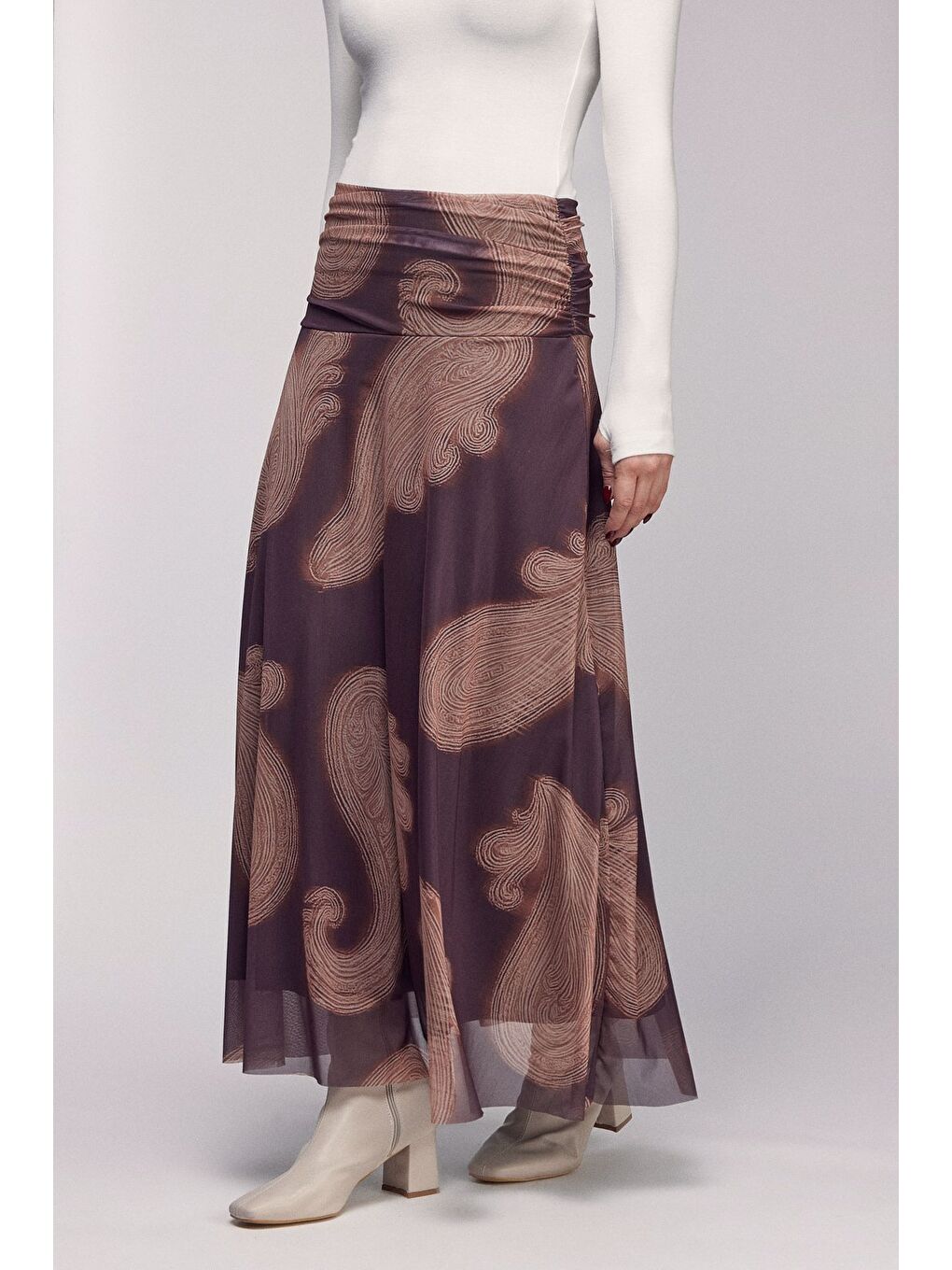 Kahverengi Şal Desenli Beli Drapeli Dökümlü Etek - Astarlı-1