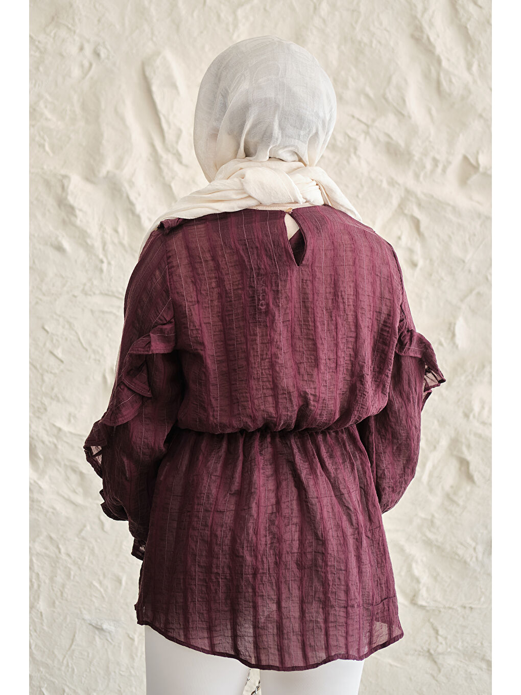 Kadın Önü Fırfırlı Ve Bağlama Detay Simli Tül Kumaş Tunik Bordo-4