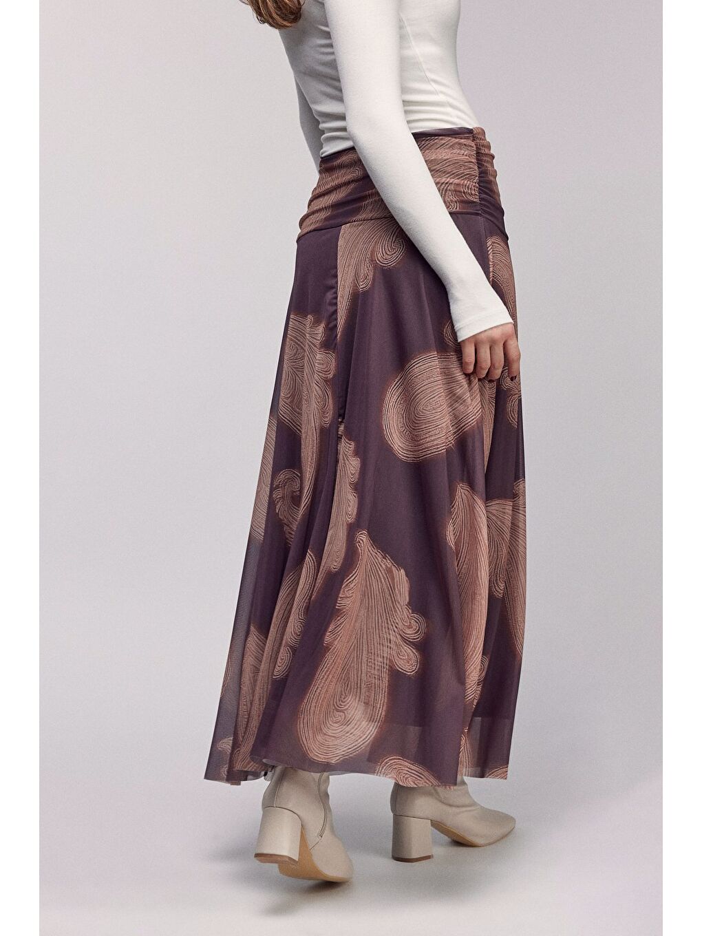 Kahverengi Şal Desenli Beli Drapeli Dökümlü Etek - Astarlı-2