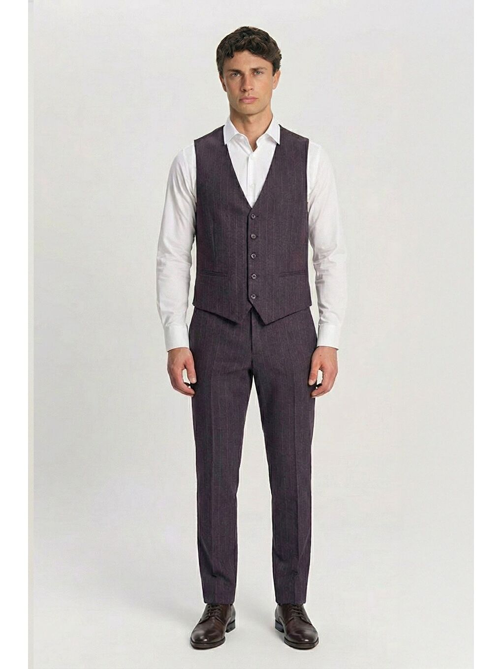 Giotelli Bordo Yelekli Çizgili Mono Yaka Roma Kalıp 8 Drop Tam Astarlı Erkek Takım Elbise Rm-2