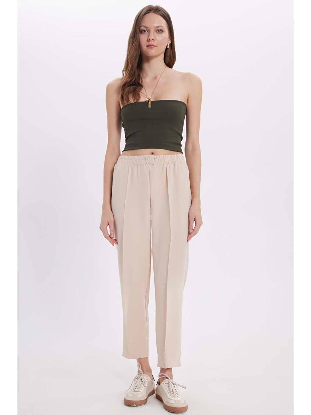 Kadın Relax Fit Rahat Kesim Yüksel Bel Düz Paça Beli Lastikli Açık Bej Pantolon-5
