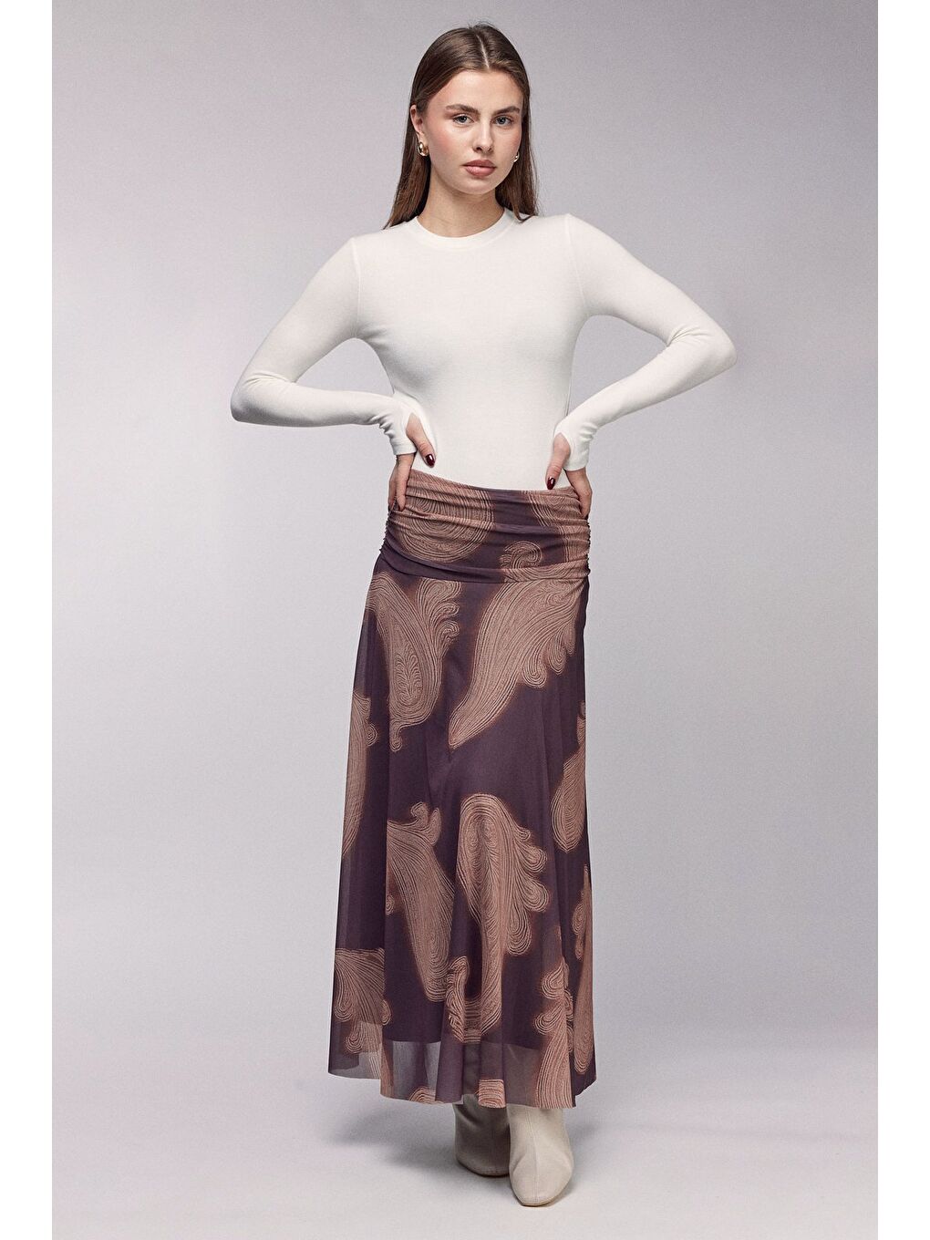 Kahverengi Şal Desenli Beli Drapeli Dökümlü Etek - Astarlı-3