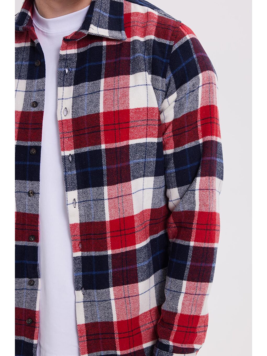 Kırmızı Erkek Slim Fit Dar Kesim Kareli Kışlık Oduncu Gömlek-2