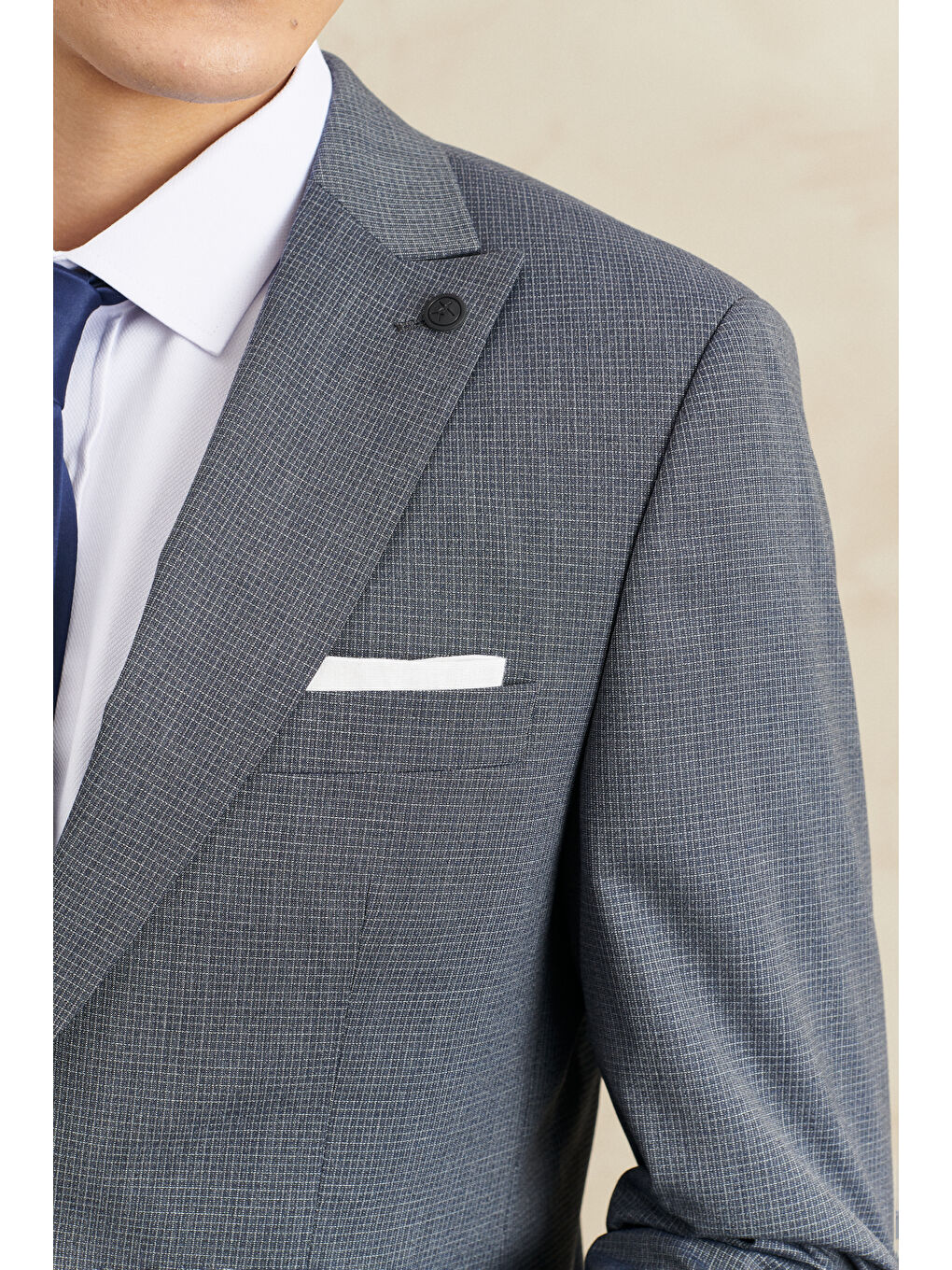 Erkek Lacivert-Gri Ekstra Slim Fit Kırlangıç Yaka Kareli Klasik Takım Elbise-3