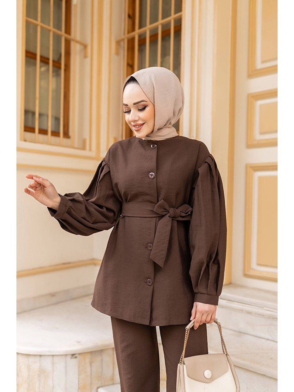 Kadın Pile Detaylı Kuşaklı İkili Takım  Kahverengi-1