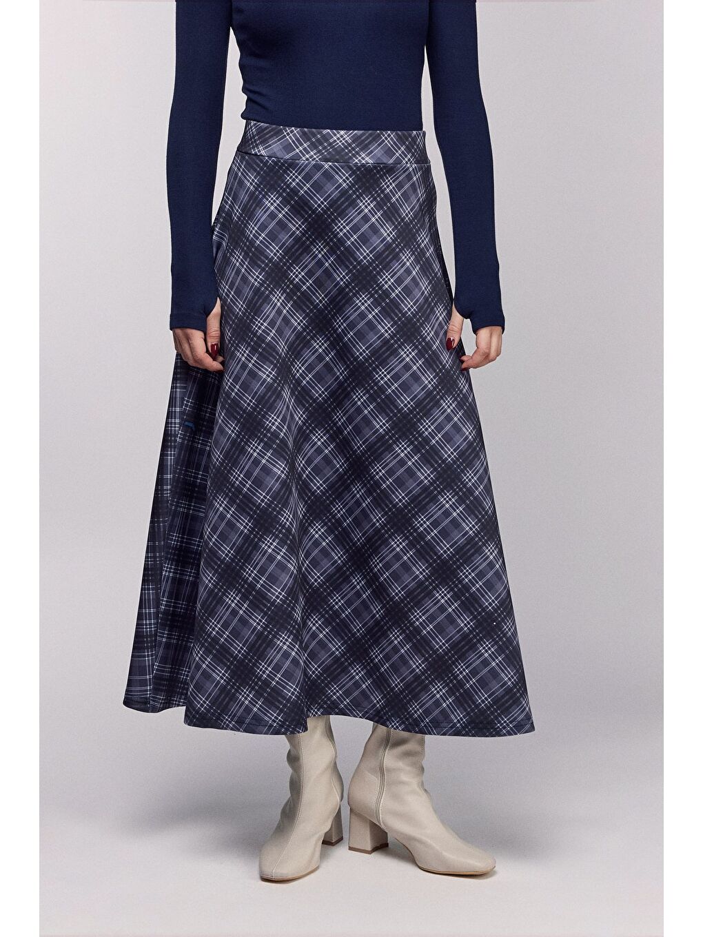 Antrasit Ekose Desenli Yüksek Bel Kloş Scuba Etek