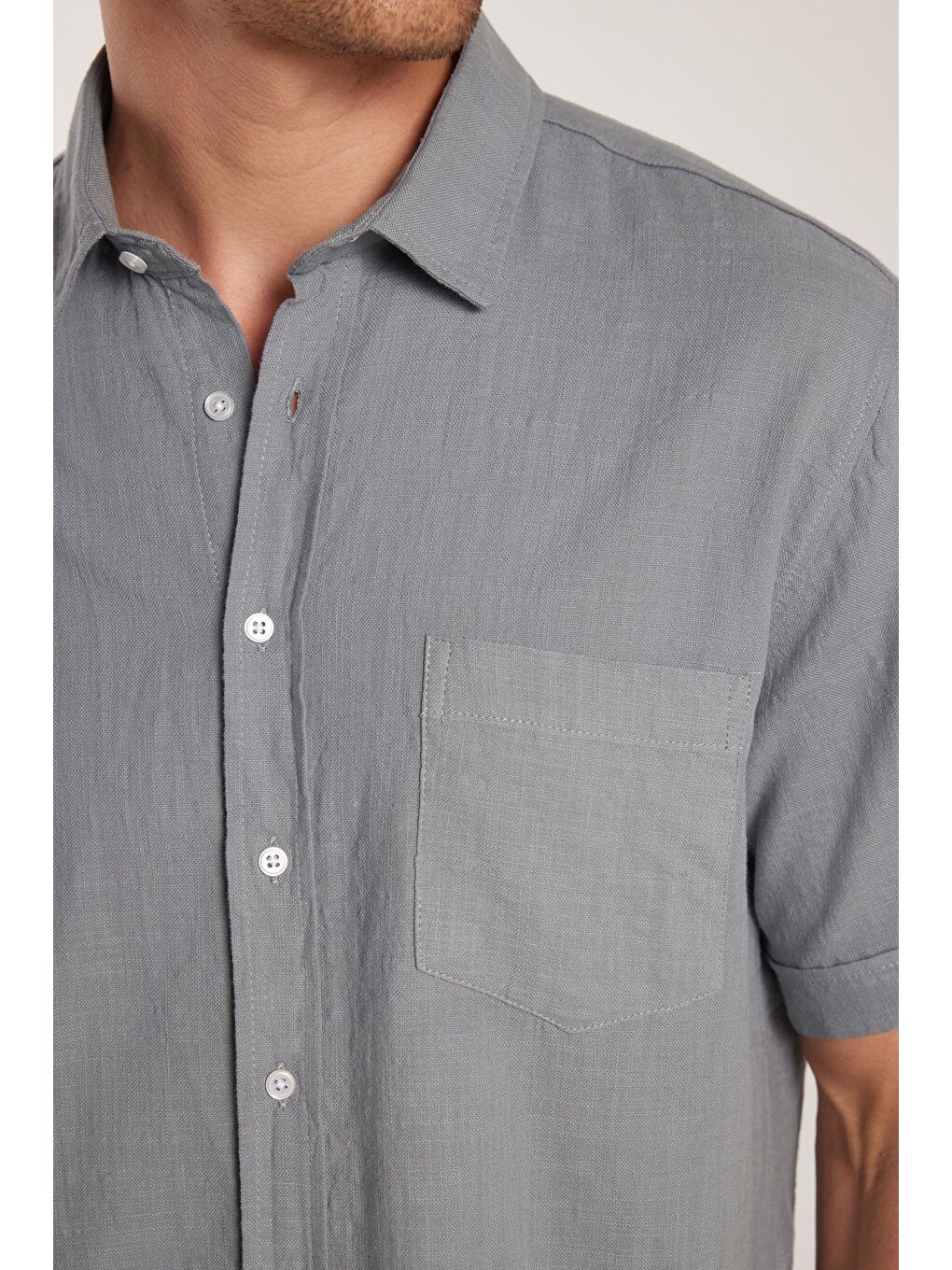 Erkek Regular Fit Klasik Kesim %100 Pamuk Keten Doku Cepli Gri Gömlek-2