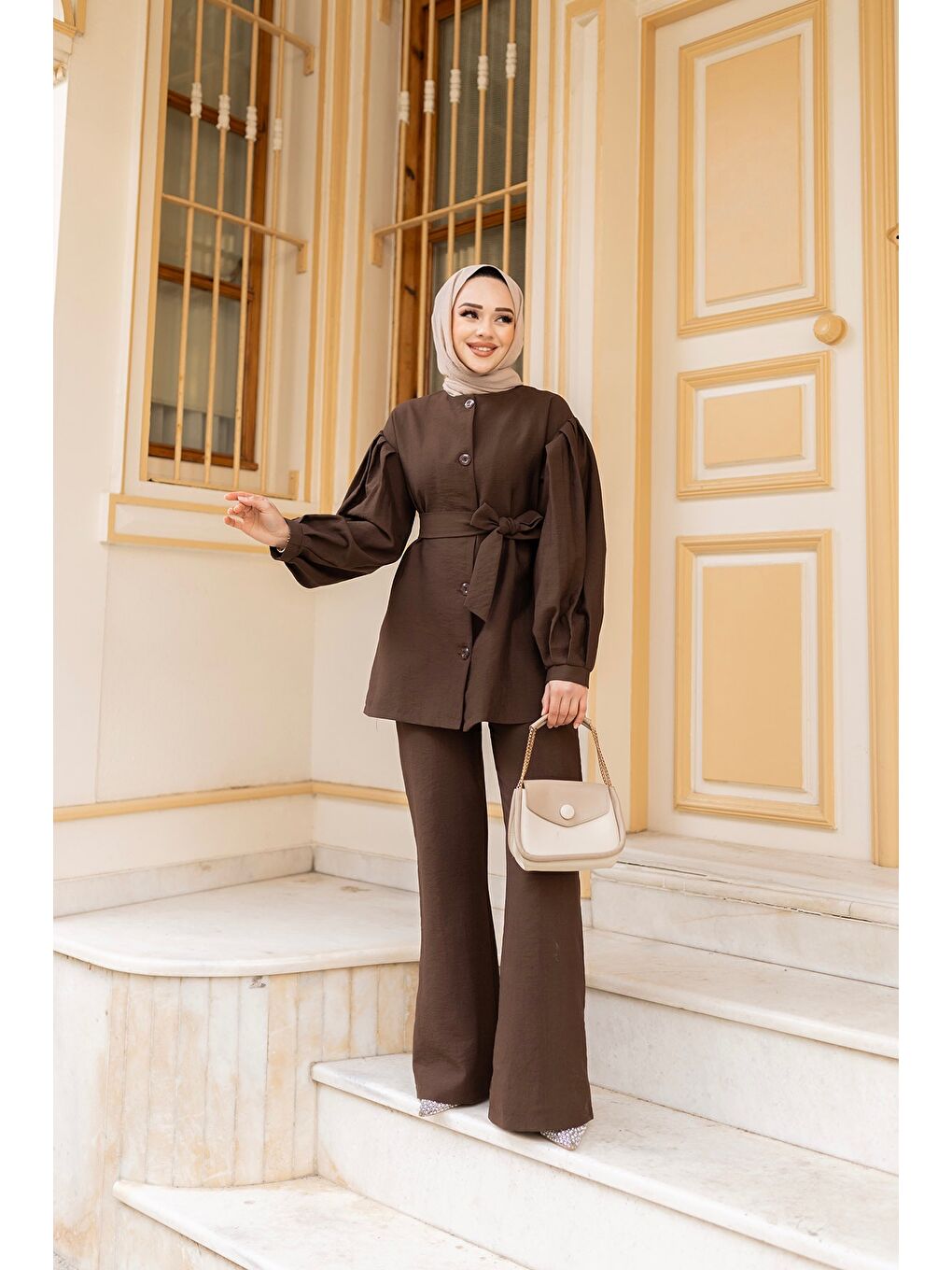 Kadın Pile Detaylı Kuşaklı İkili Takım  Kahverengi-2