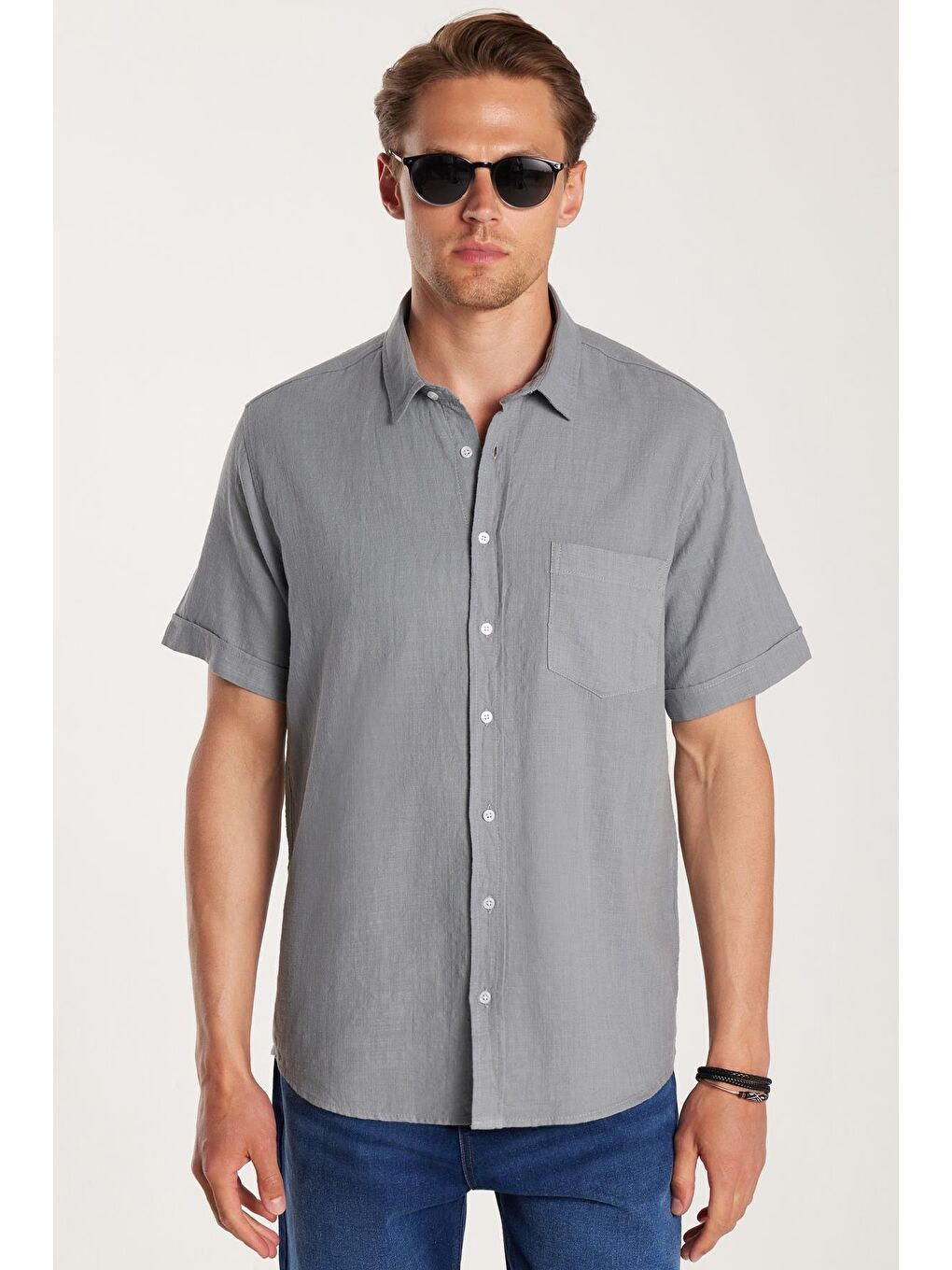 Erkek Regular Fit Klasik Kesim %100 Pamuk Keten Doku Cepli Gri Gömlek-3