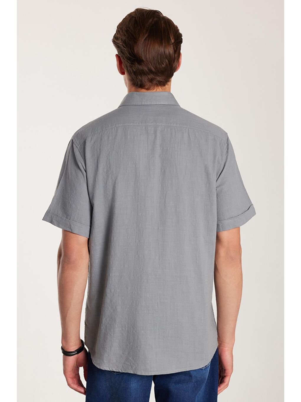 Erkek Regular Fit Klasik Kesim %100 Pamuk Keten Doku Cepli Gri Gömlek-4