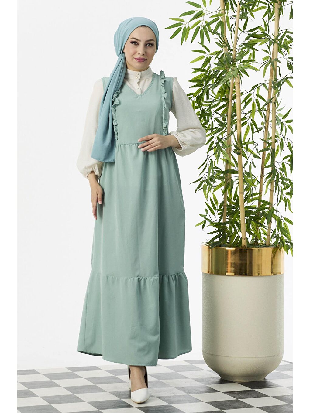 V Yaka Kadın Yeşil Jıle - 3590-3