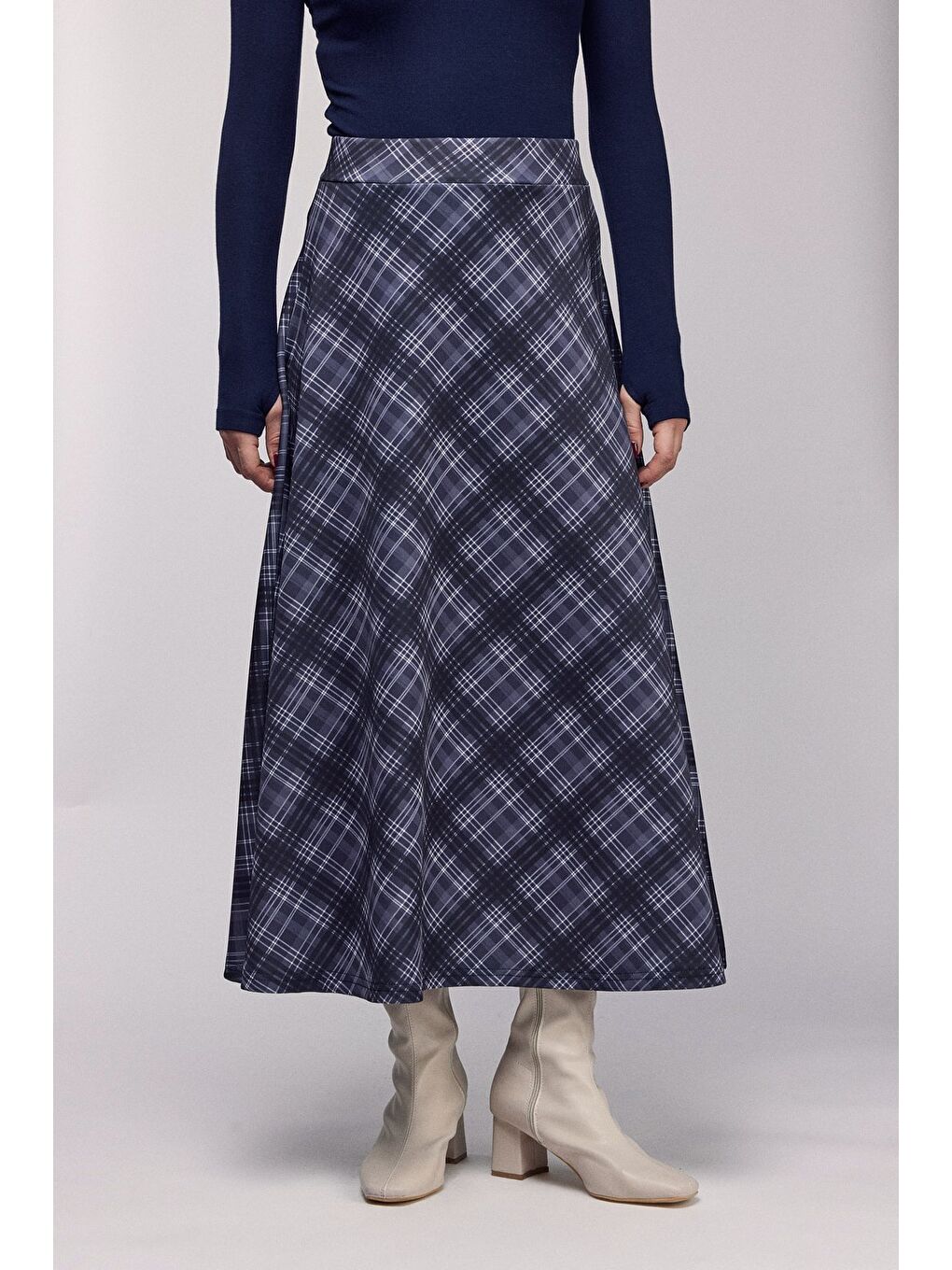 Antrasit Ekose Desenli Yüksek Bel Kloş Scuba Etek-2