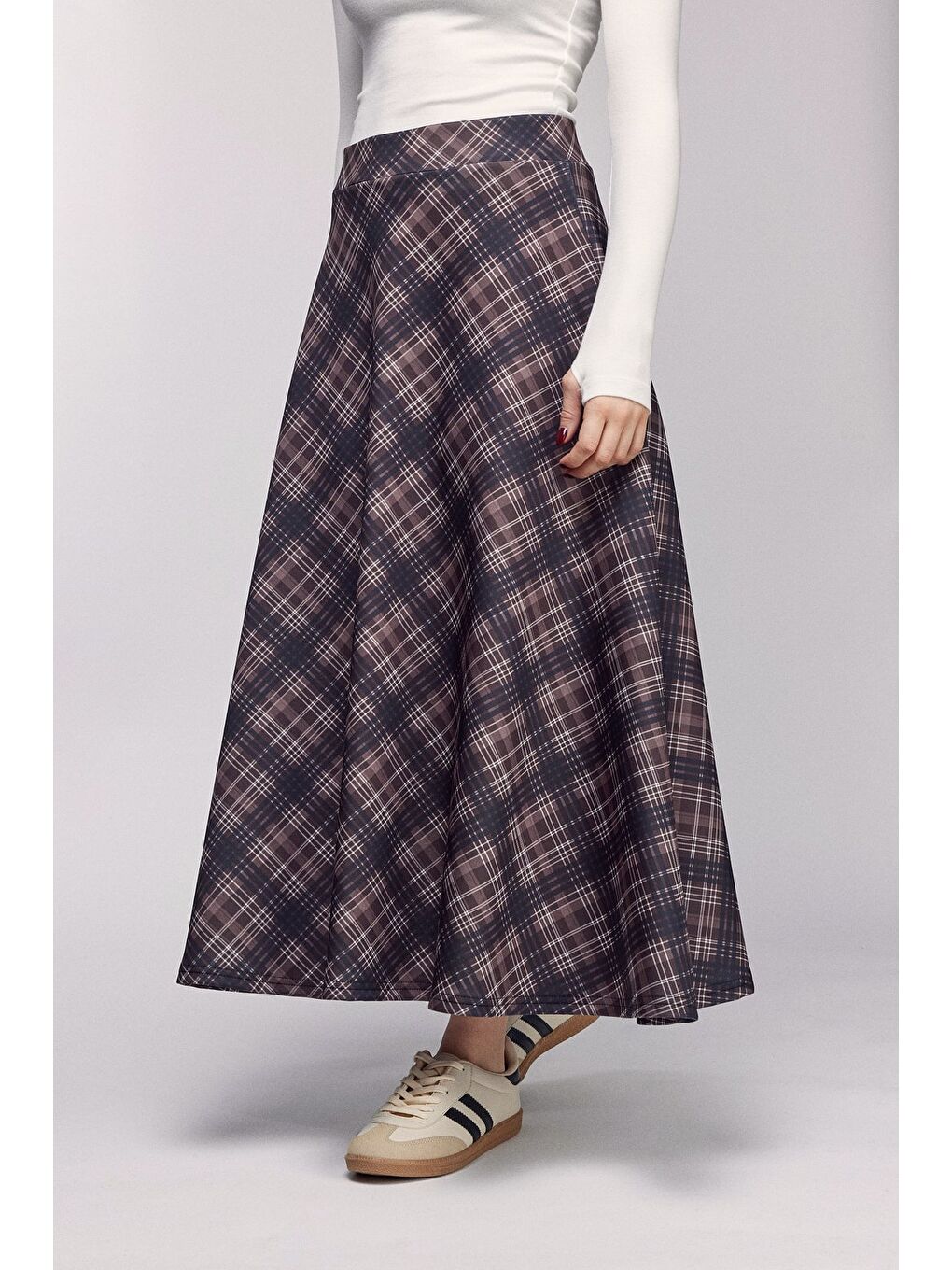 Kahverengi Ekose Desenli Yüksek Bel Kloş Scuba Etek