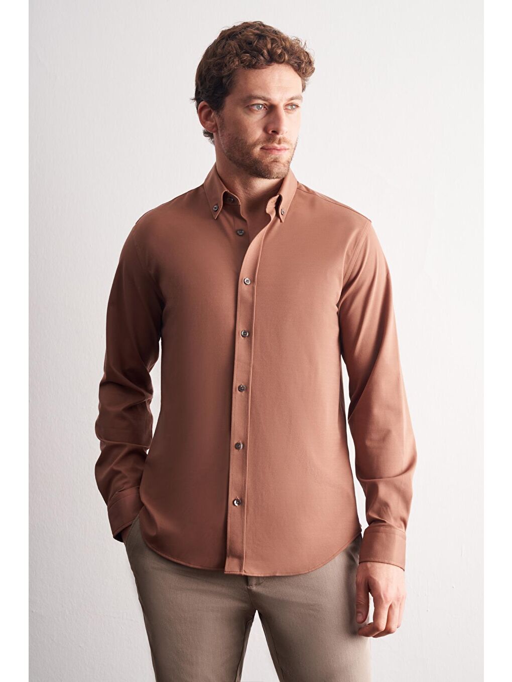 Bej Vizon Düğmeli Yaka Örme Uzun Kol Performans Ürün Slim Fit Esnek Gömlek 1004255270