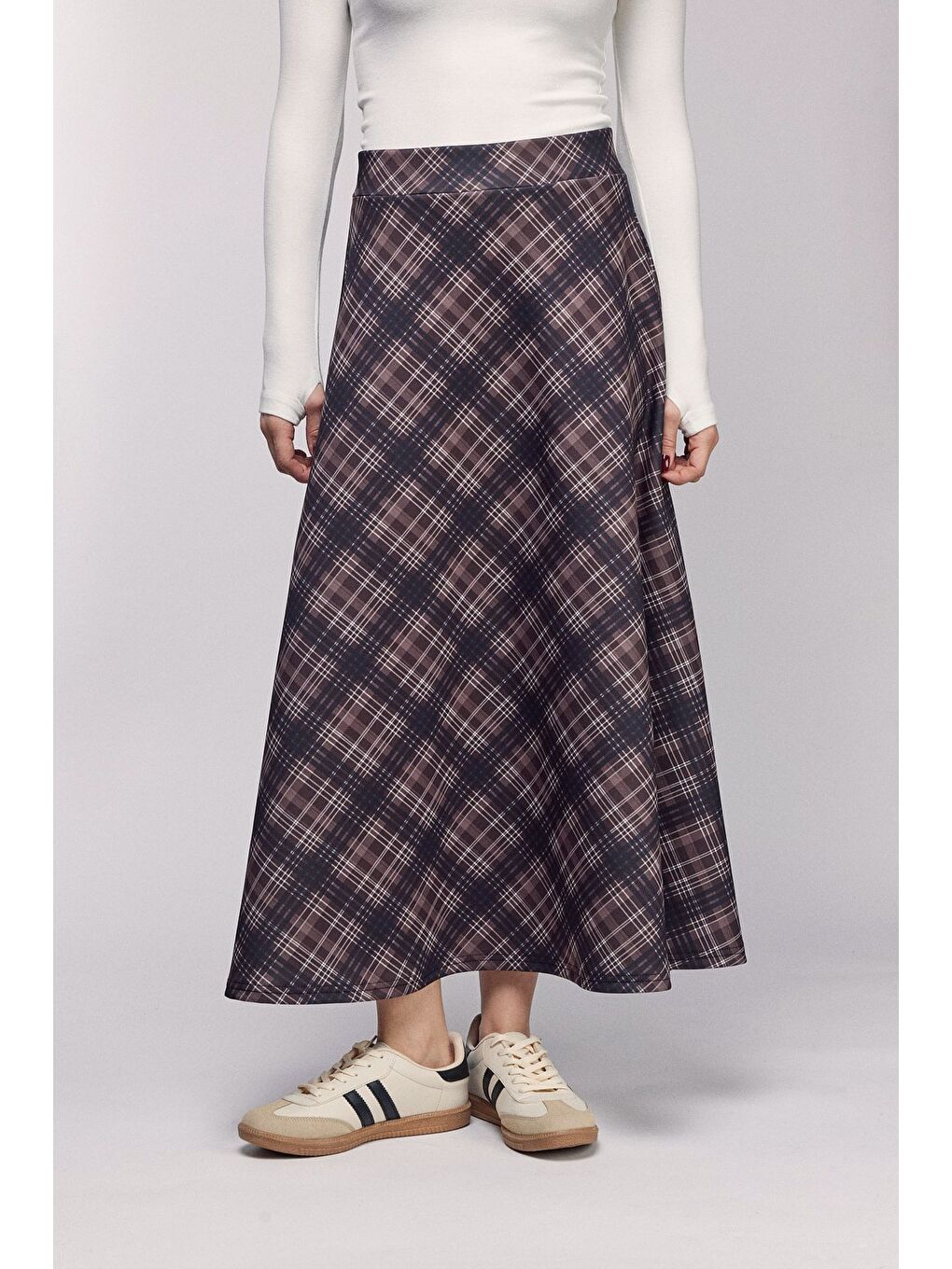 Kahverengi Ekose Desenli Yüksek Bel Kloş Scuba Etek-1