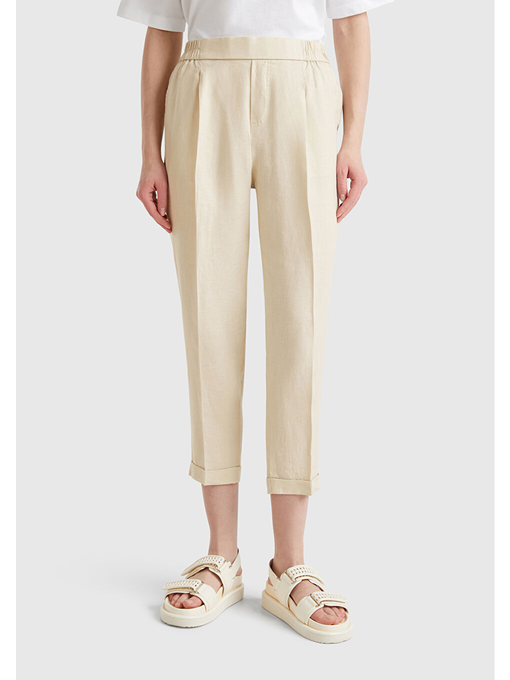 Bej Kadın Taş Rengi %100 Keten Beli Lastikli Pantolon