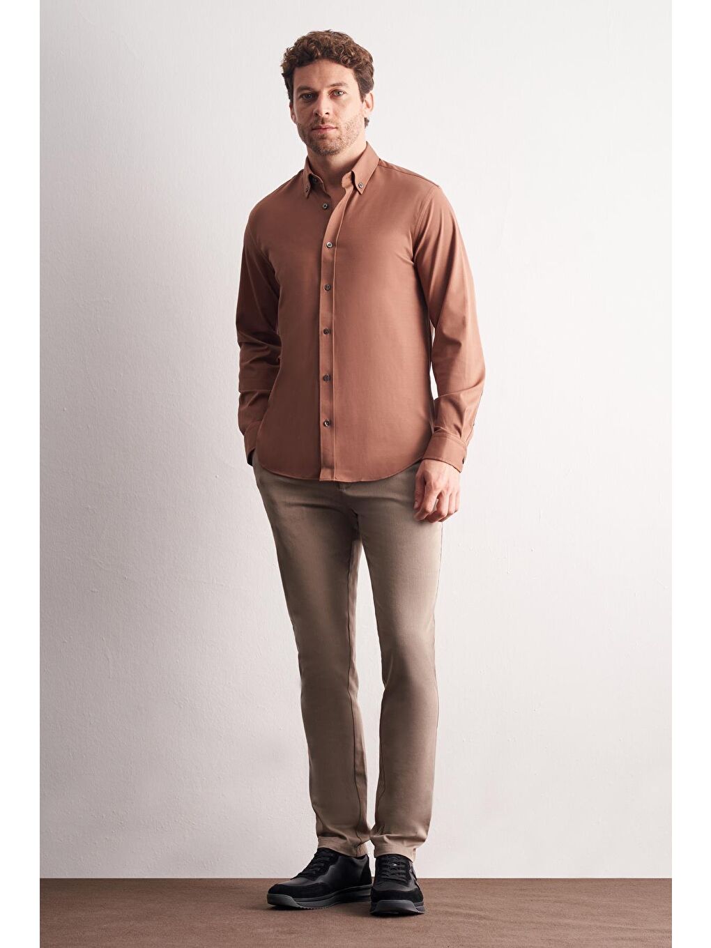 Bej Vizon Düğmeli Yaka Örme Uzun Kol Performans Ürün Slim Fit Esnek Gömlek 1004255270-1