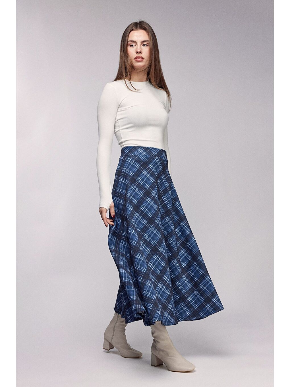 Lacivert Ekose Desenli Yüksek Bel Kloş Scuba Etek-2