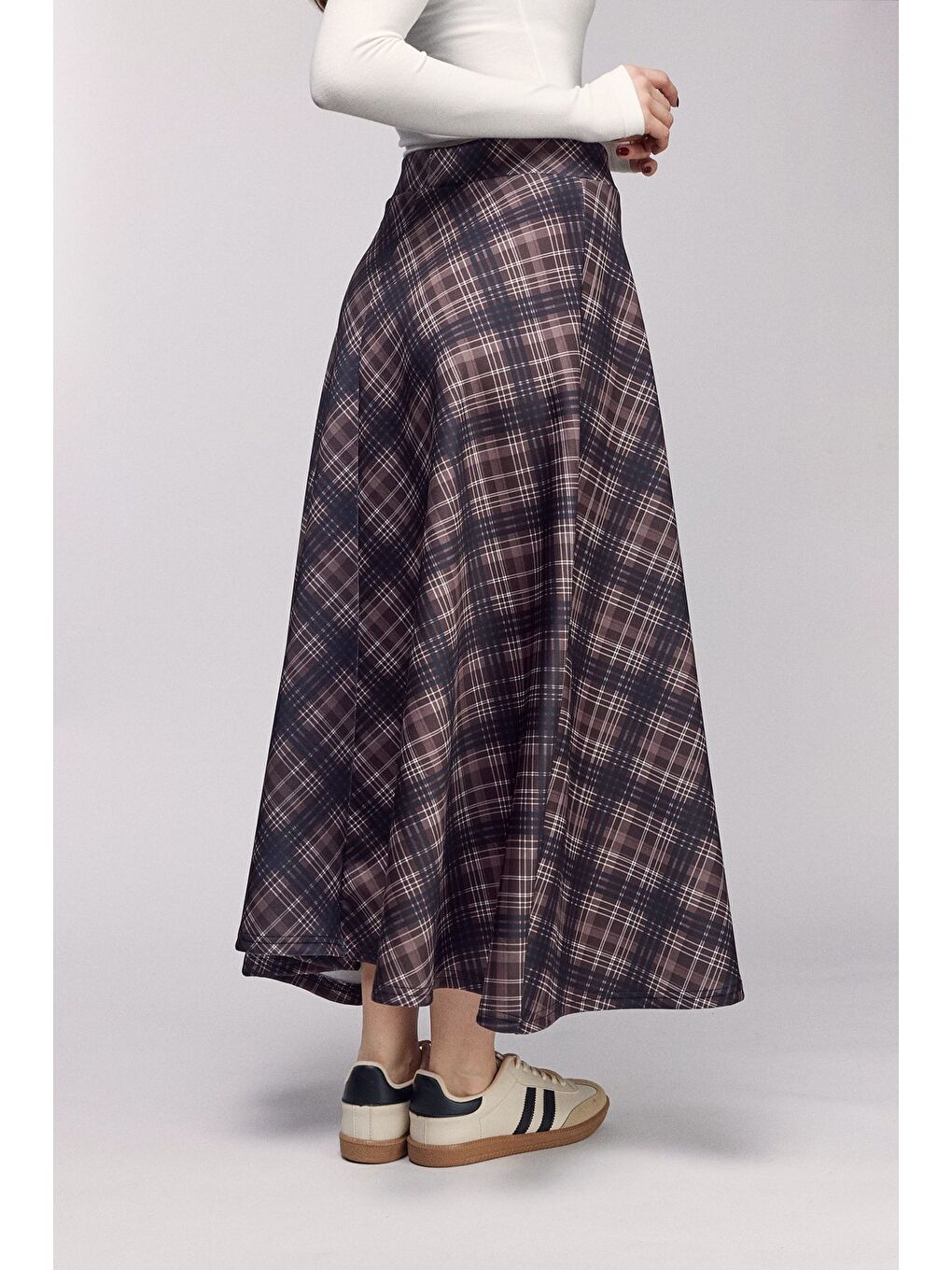 Kahverengi Ekose Desenli Yüksek Bel Kloş Scuba Etek-2