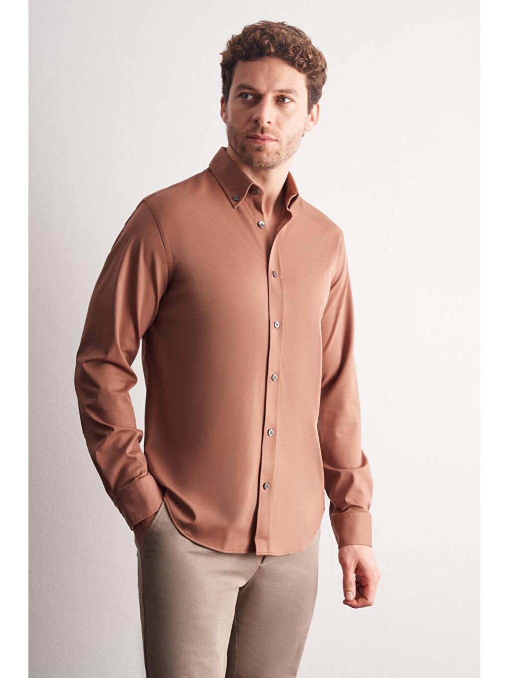 Bej Vizon Düğmeli Yaka Örme Uzun Kol Performans Ürün Slim Fit Esnek Gömlek 1004255270-2