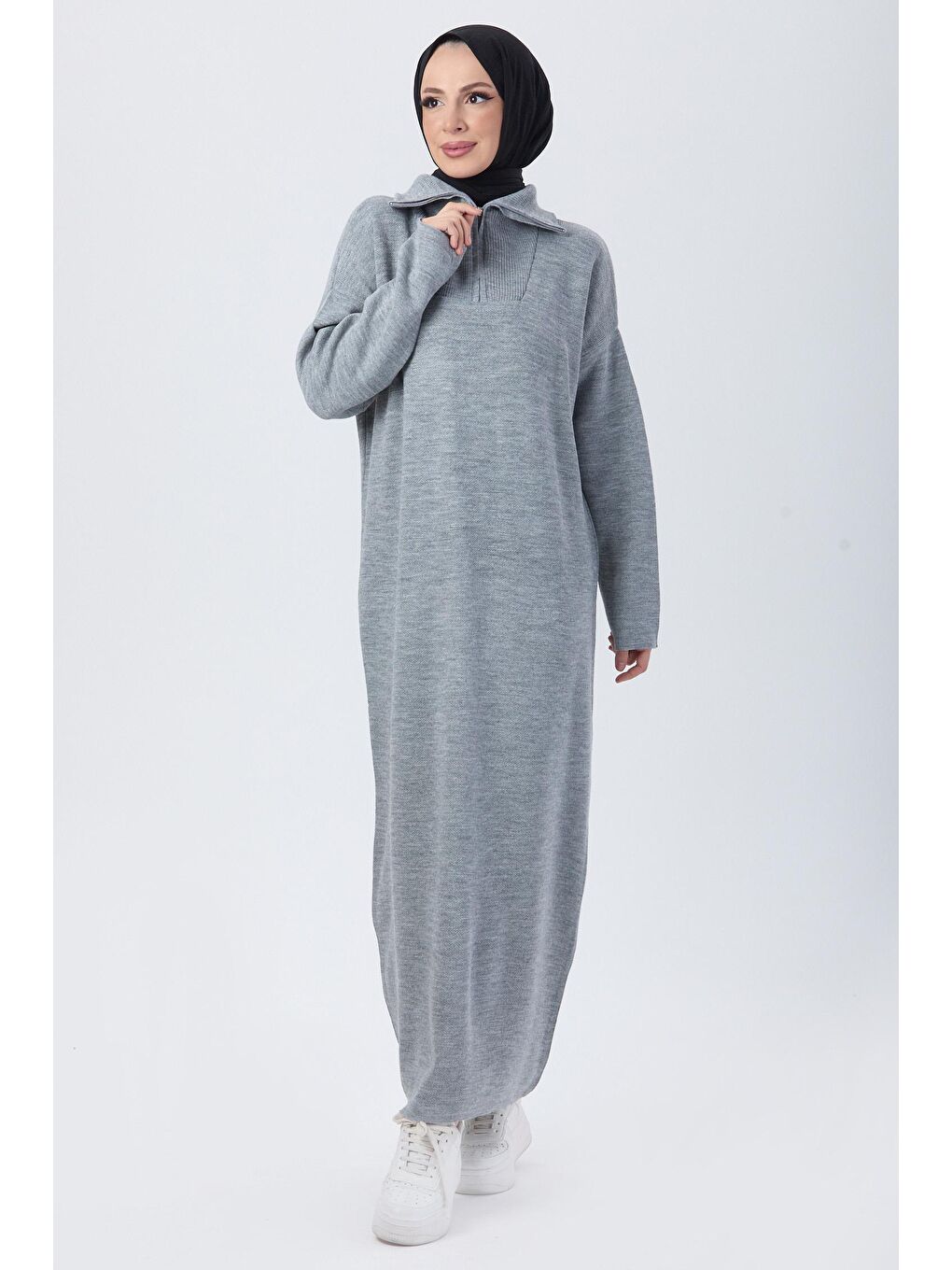 Boğazlı Yaka Kadın Gri Triko Elbise - 24120