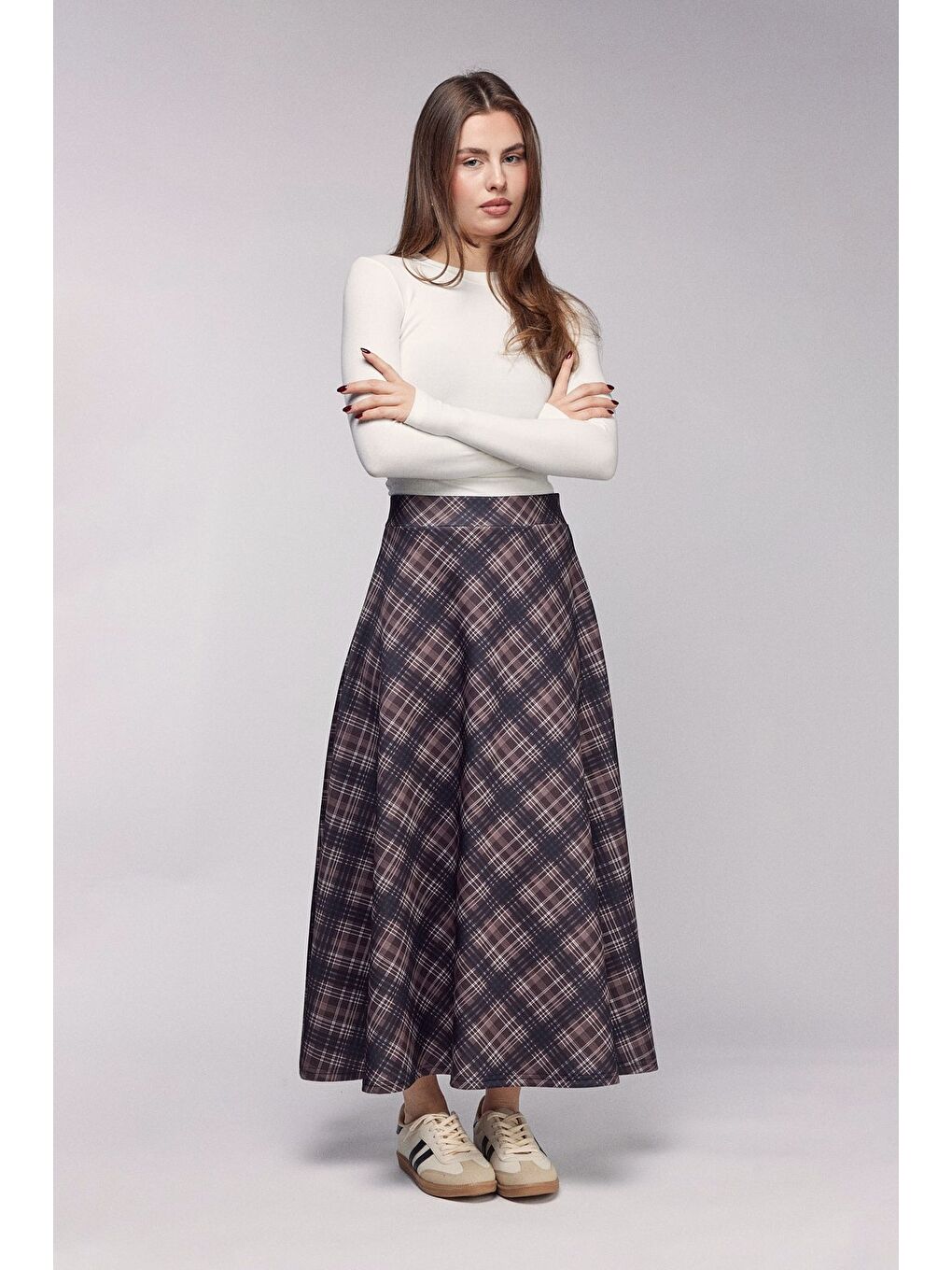 Kahverengi Ekose Desenli Yüksek Bel Kloş Scuba Etek-3