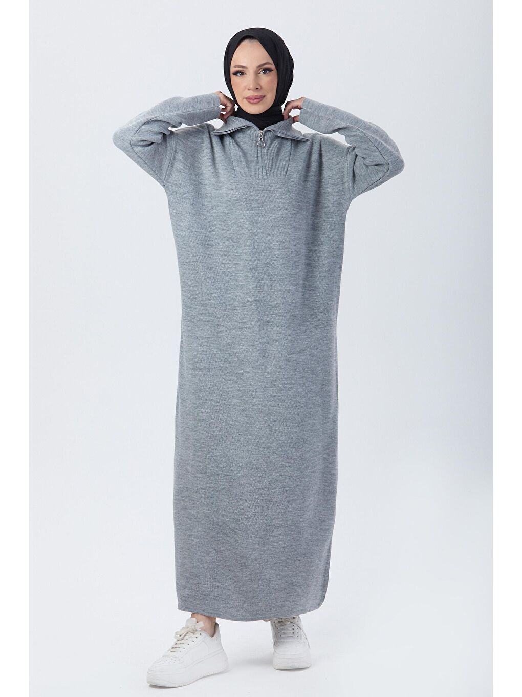 Boğazlı Yaka Kadın Gri Triko Elbise - 24120-1