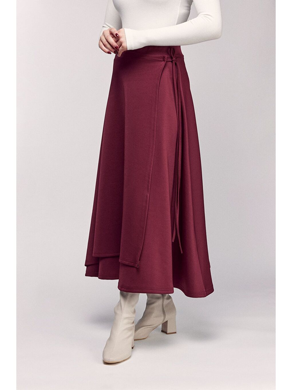 Bordo Yüksek Bel Bağlamalı Katmanlı Görünüm Scuba Etek