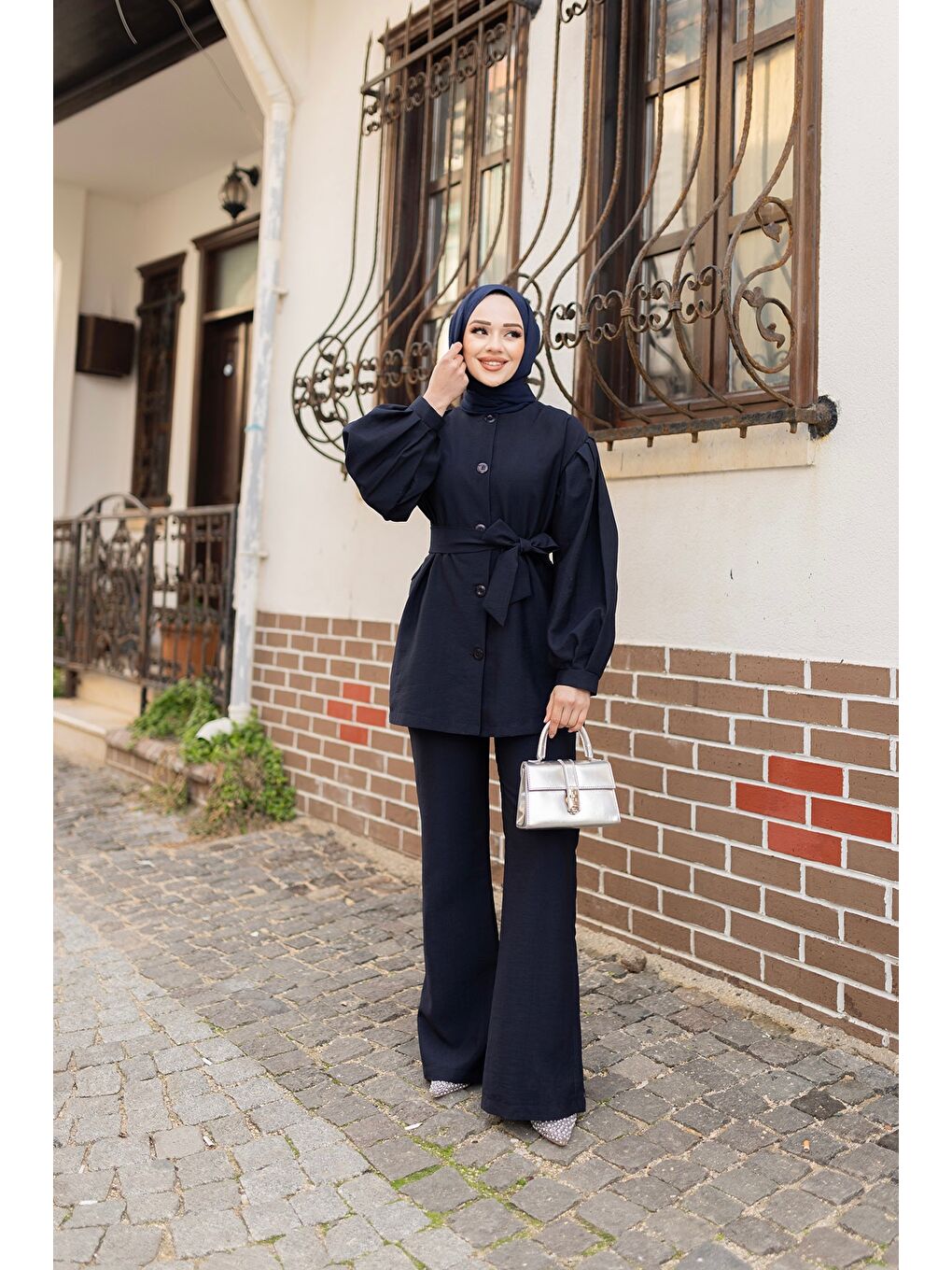 Kadın Pile Detaylı Kuşaklı İkili Takım  Lacivert