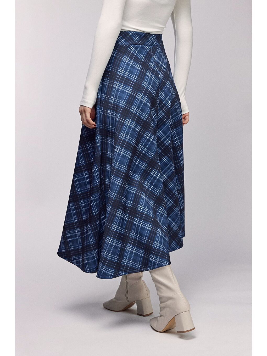 Lacivert Ekose Desenli Yüksek Bel Kloş Scuba Etek-4