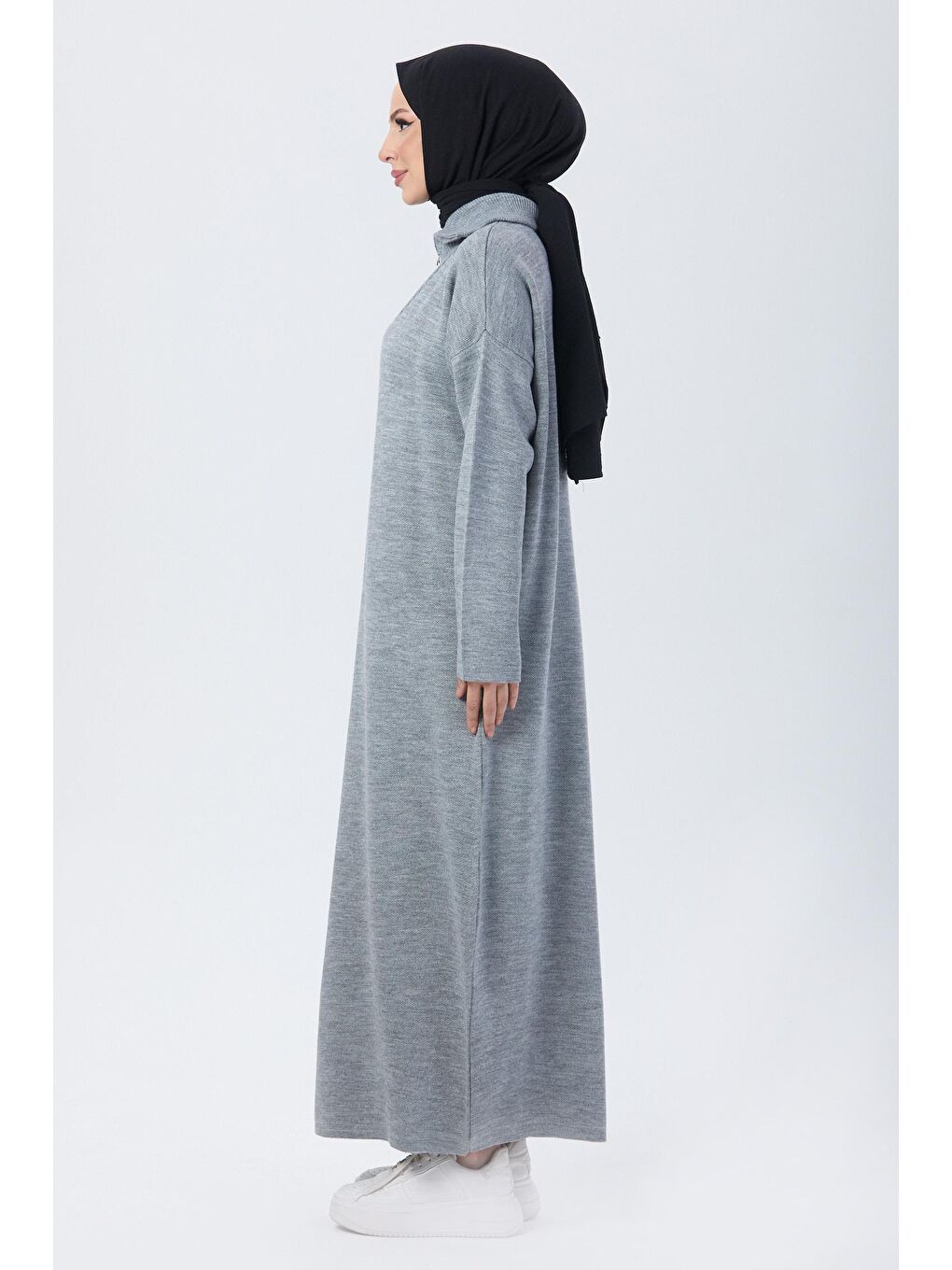 Boğazlı Yaka Kadın Gri Triko Elbise - 24120-2