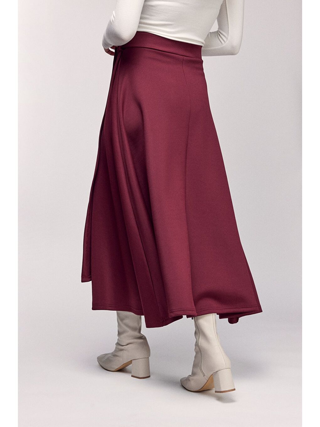 Bordo Yüksek Bel Bağlamalı Katmanlı Görünüm Scuba Etek-2