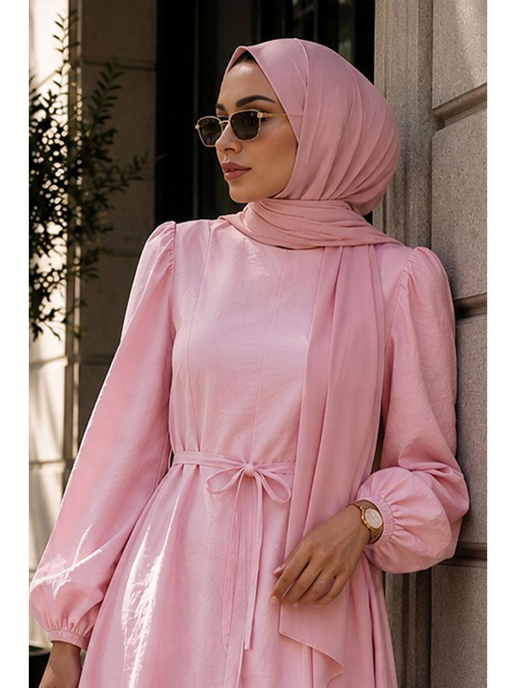Lina Dikiş Ve Bağcık Detaylı Elbise Tsd260223 Toz Pembe-1