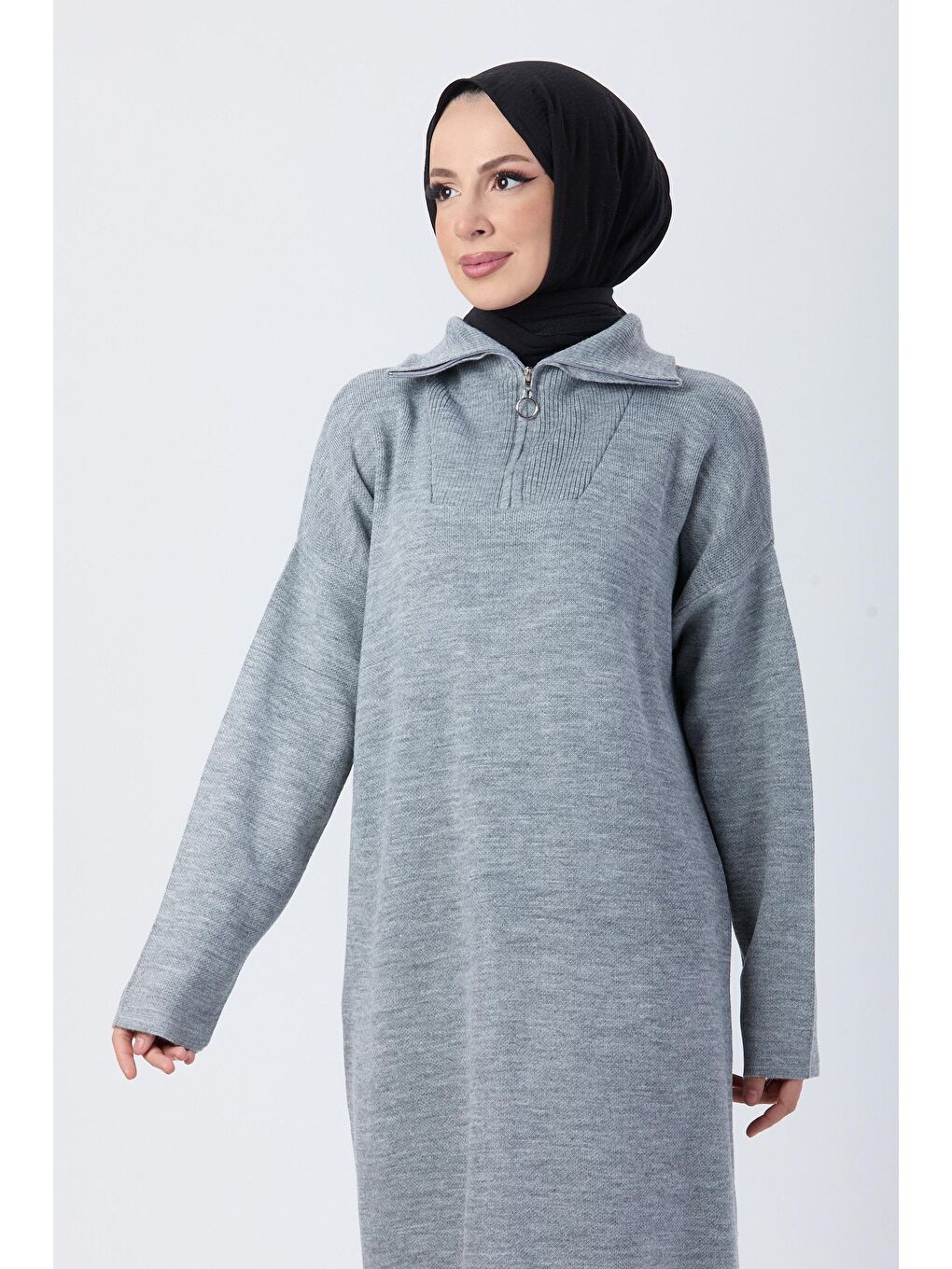 Boğazlı Yaka Kadın Gri Triko Elbise - 24120-3