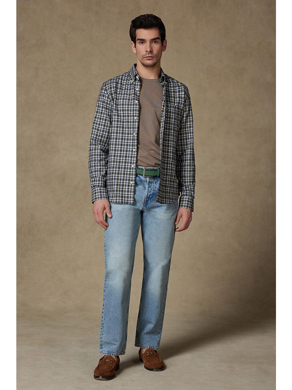 Aldo Poplin Pamuklu Comfort Fit Yeşil Düğmeli Yaka Erkek Kareli %100 Pamuk Gömlek-2