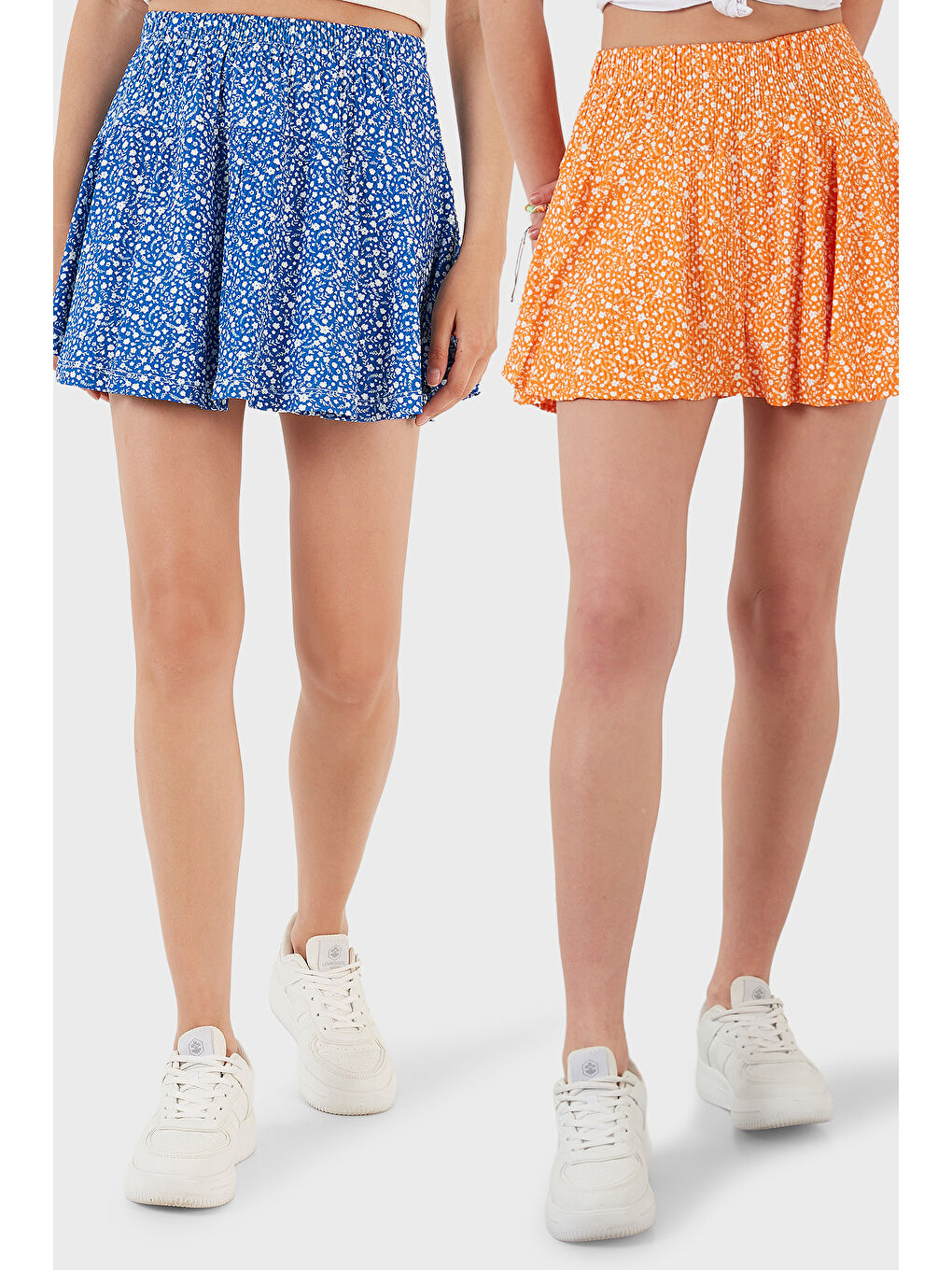 Turuncu Desenli Beli Lastikli Slim Fit Mini 2'li Paket Kadın Şort Etek 5864024S2