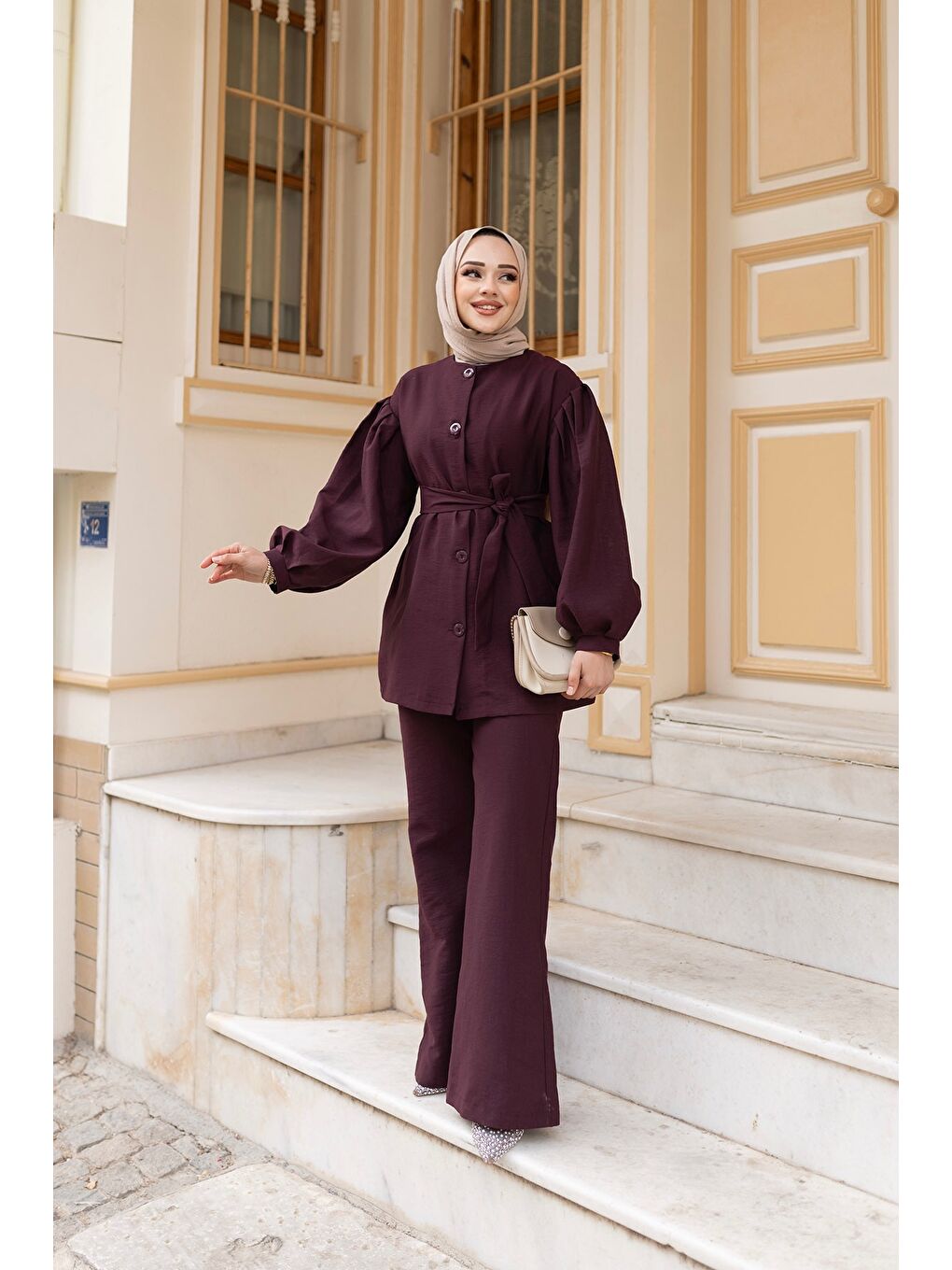 Kadın Pile Detaylı Kuşaklı İkili Takım  Mürdüm