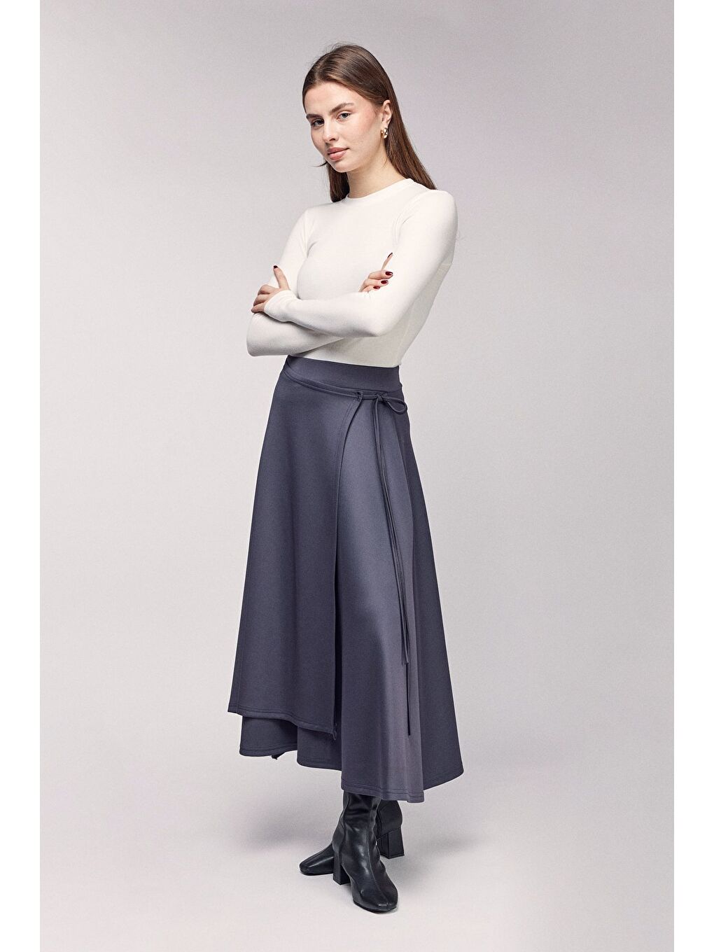 Antrasit Yüksek Bel Bağlamalı Katmanlı Görünüm Scuba Etek-3