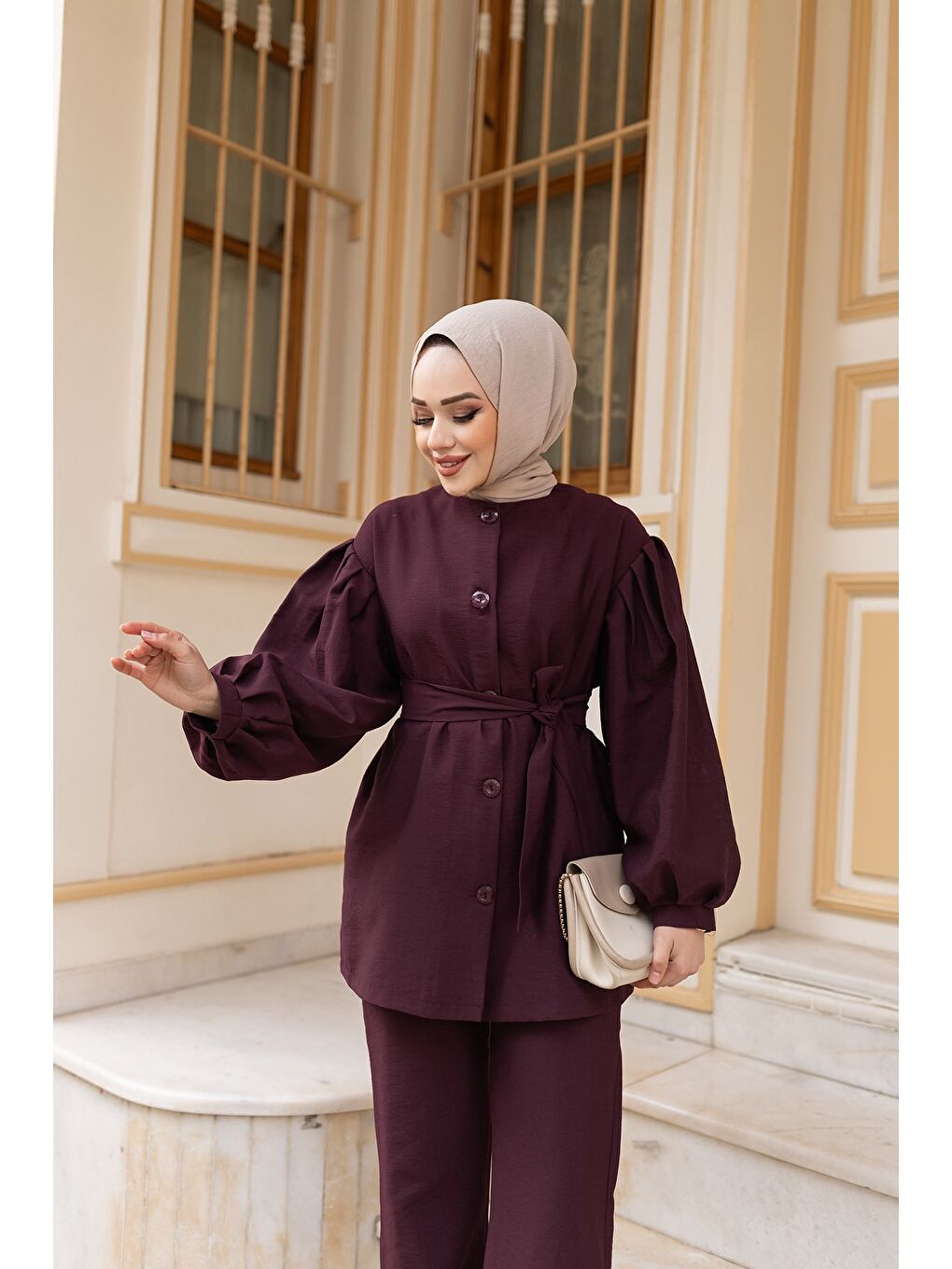 Kadın Pile Detaylı Kuşaklı İkili Takım  Mürdüm-1