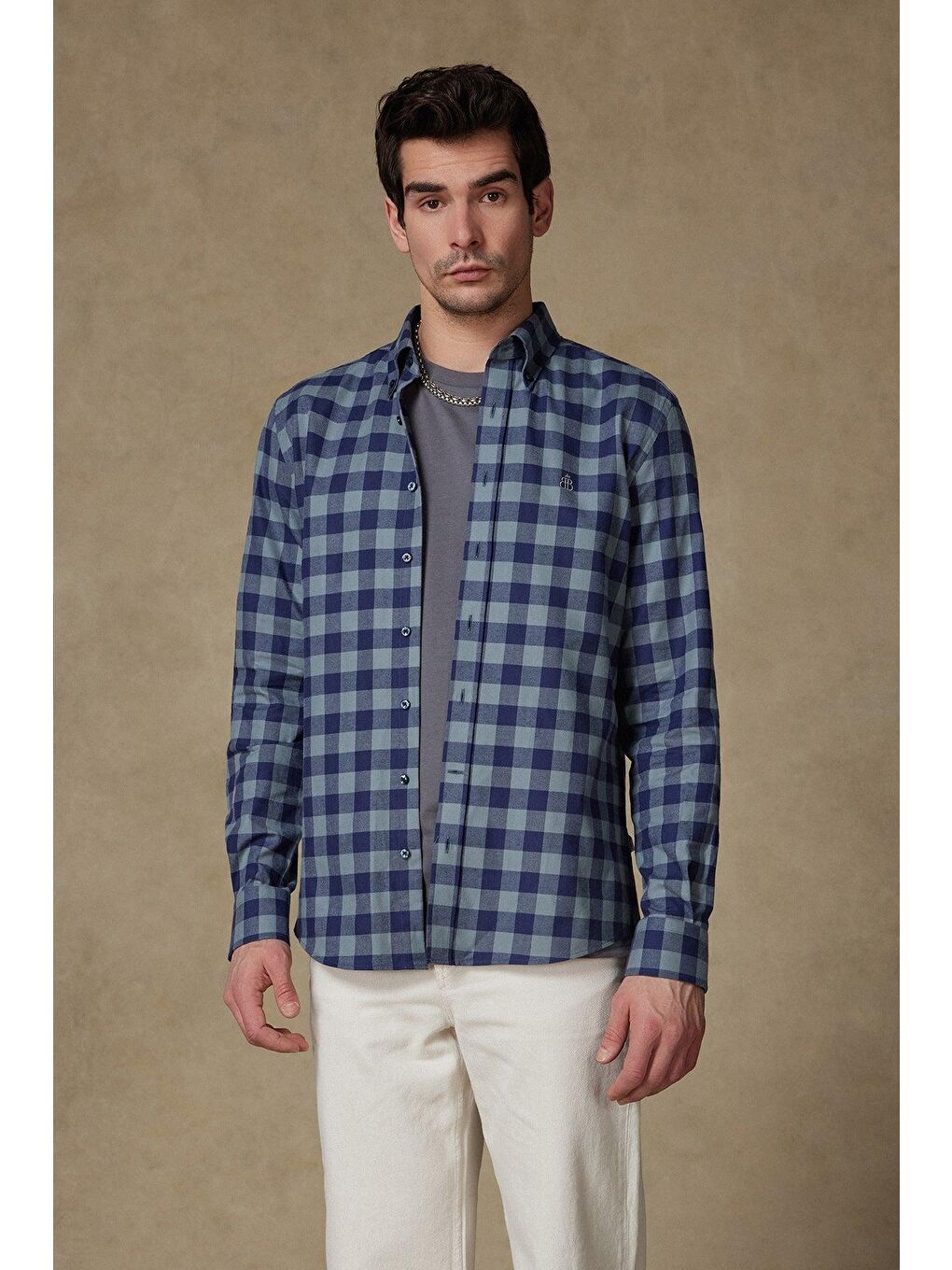 Luis Twill Pamuklu Comfort Fit Açık Gri Düğmeli Yaka Erkek Ekoseli %100 Pamuk Gömlek