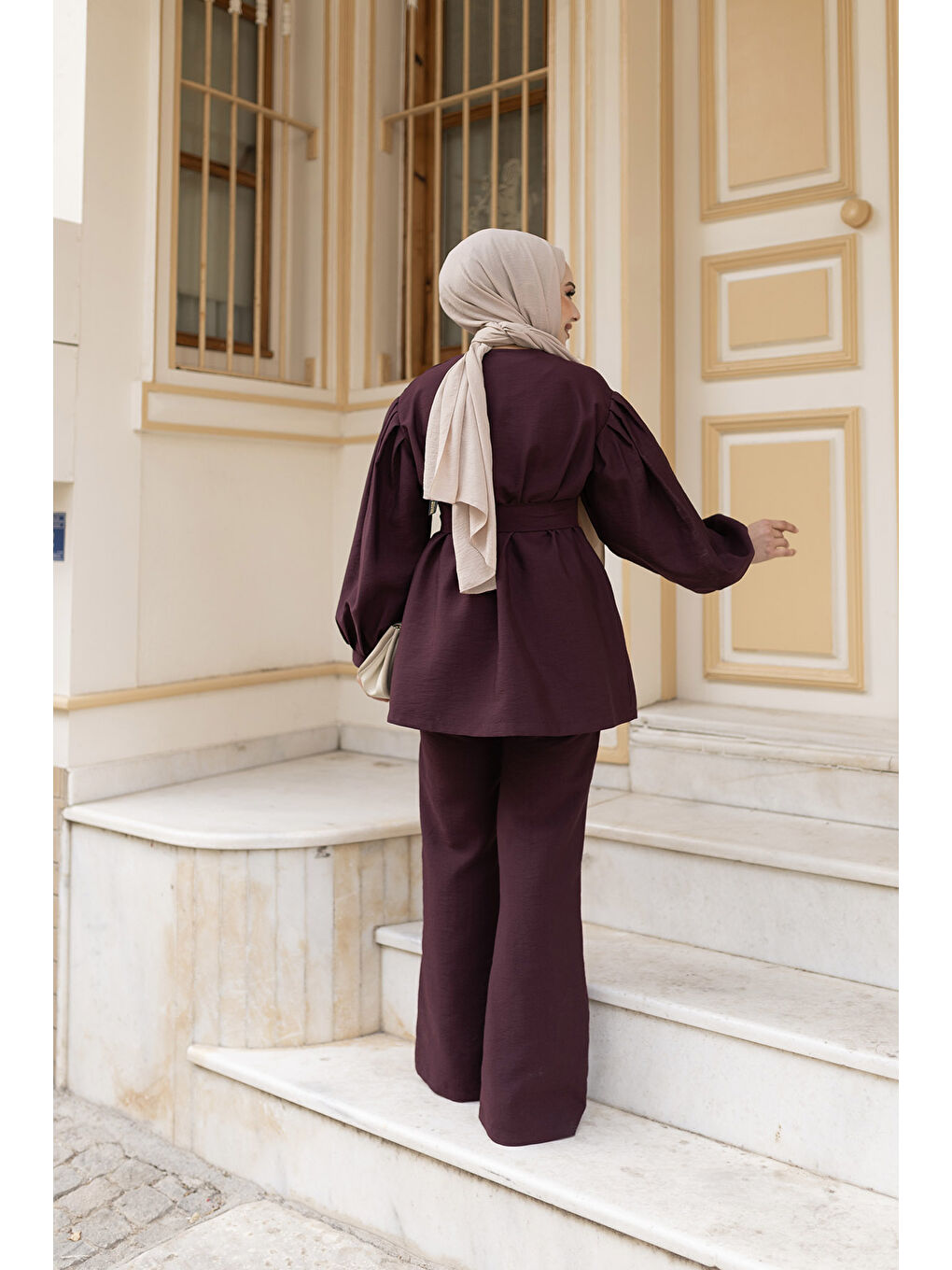 Kadın Pile Detaylı Kuşaklı İkili Takım  Mürdüm-3