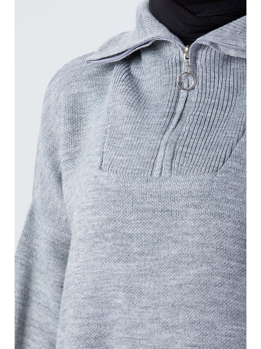 Boğazlı Yaka Kadın Gri Triko Elbise - 24120-4