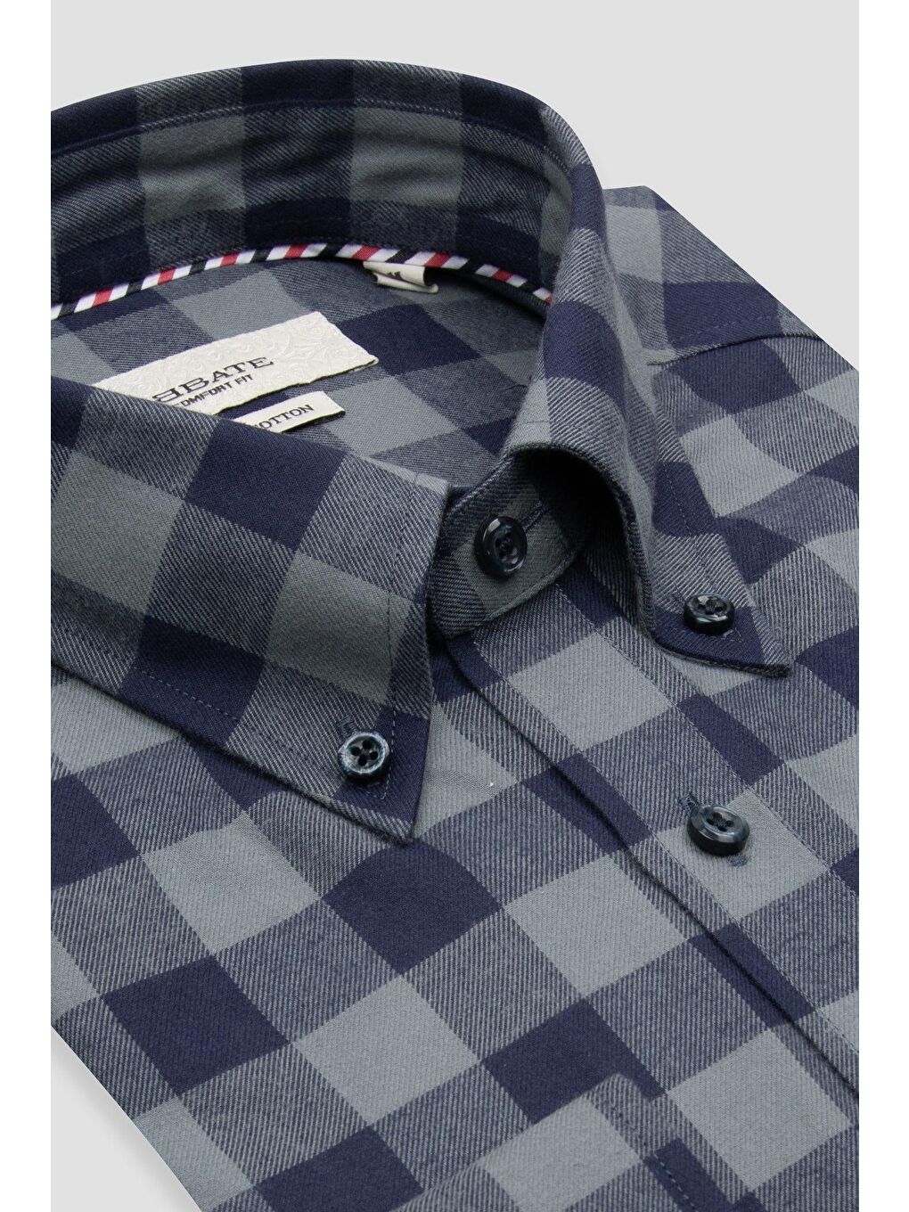 Luis Twill Pamuklu Comfort Fit Açık Gri Düğmeli Yaka Erkek Ekoseli %100 Pamuk Gömlek-1
