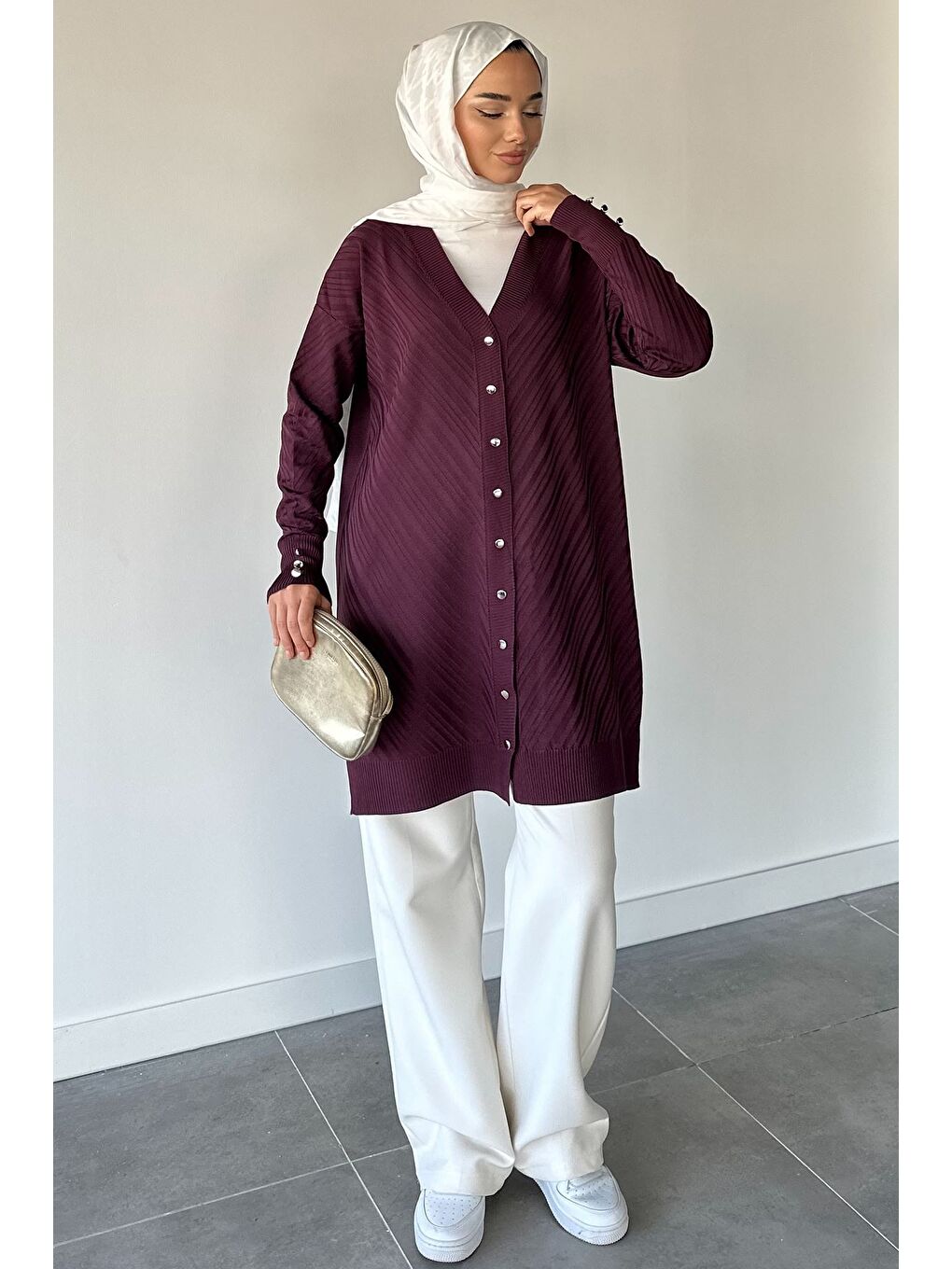 Mürdüm Desenli Ön Düğmeli Tesettür Triko Hırka (m-l-xl Uyumludur)-3