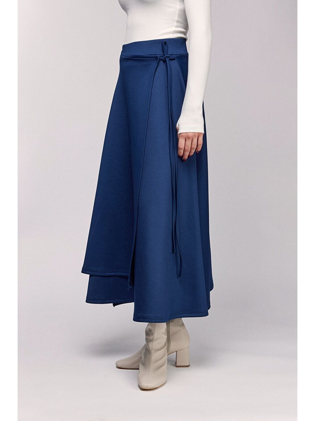 Lacivert Yüksek Bel Bağlamalı Katmanlı Görünüm Scuba Etek-2