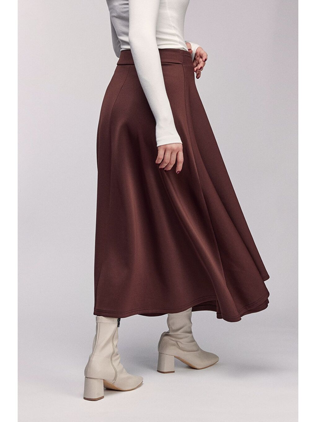 Kahverengi Yüksek Bel Bağlamalı Katmanlı Görünüm Scuba Etek-2