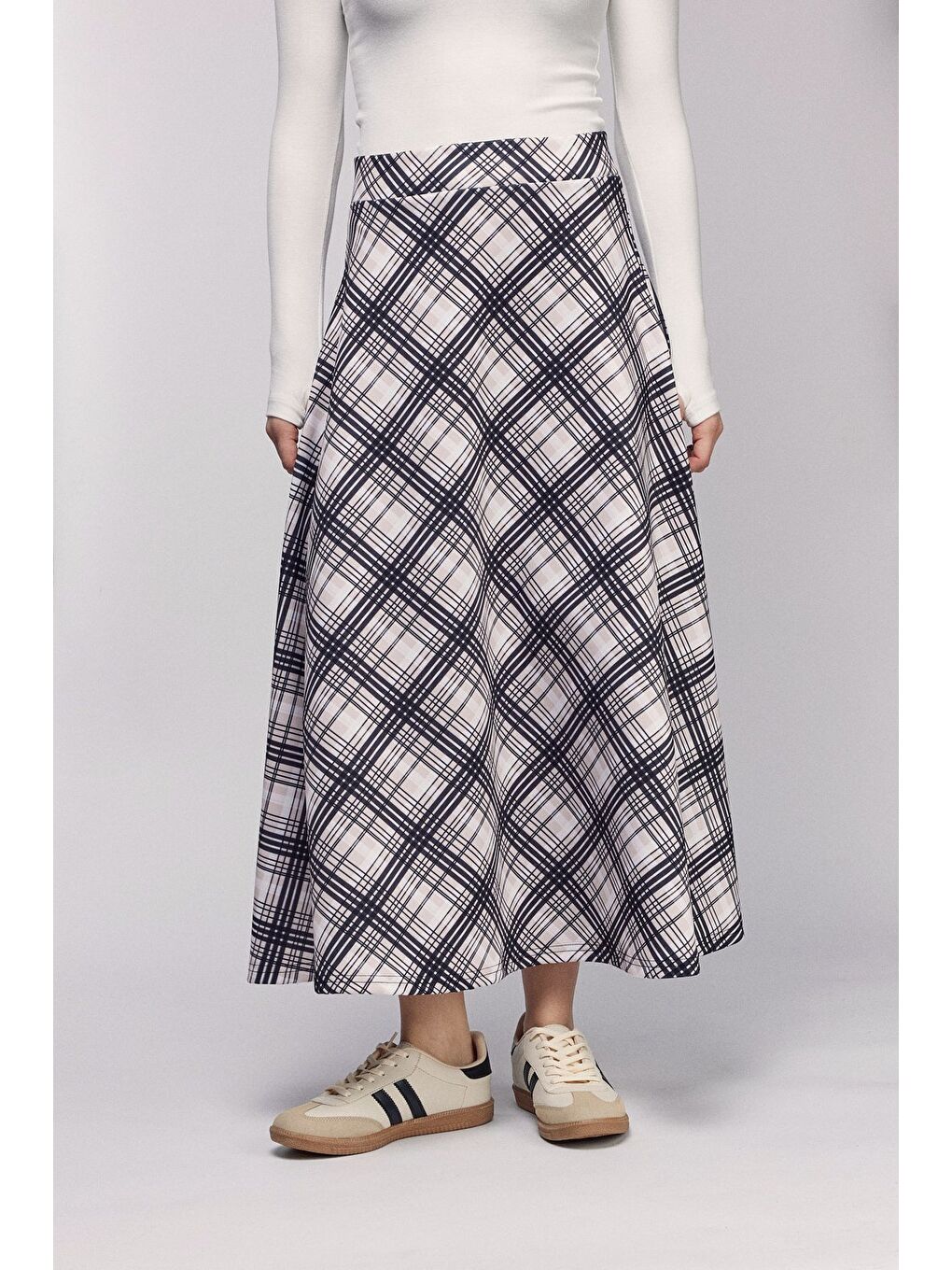 Bej Taş Ekose Desenli Yüksek Bel Kloş Scuba Etek