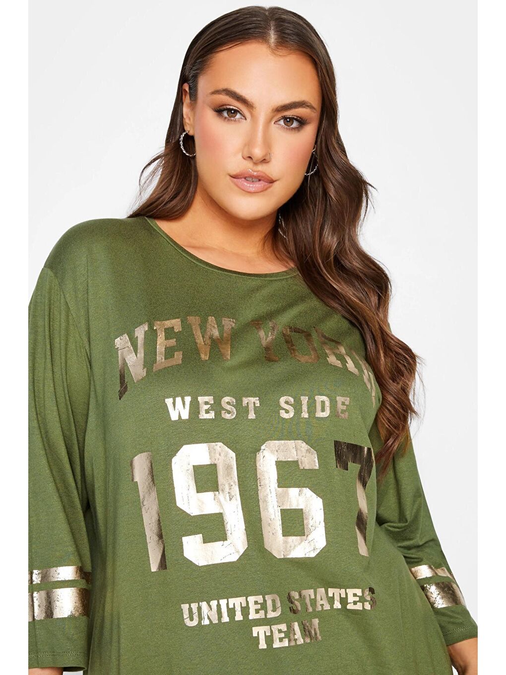 Haki Büyük Beden Fakir Kol Metalik Yazı Baskılı Bisiklet Yaka Bluz 301398-3