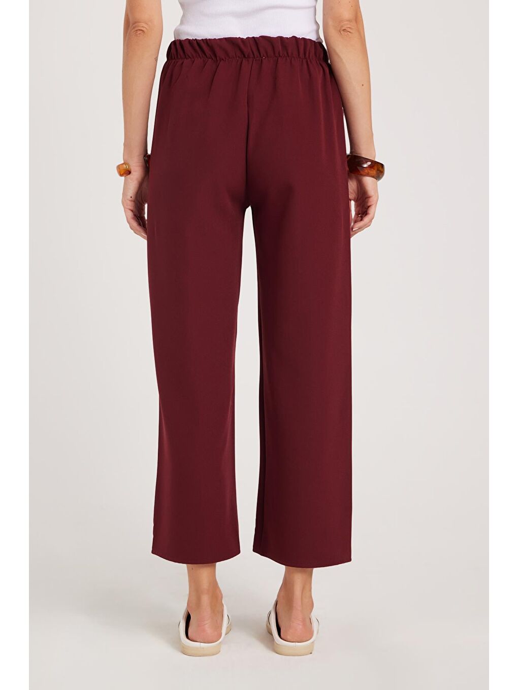 Kadın Relax Fit Rahat Kesim Lastikli Kuşak Bağlamalı Geniş Paça Bordo Pantolon-6